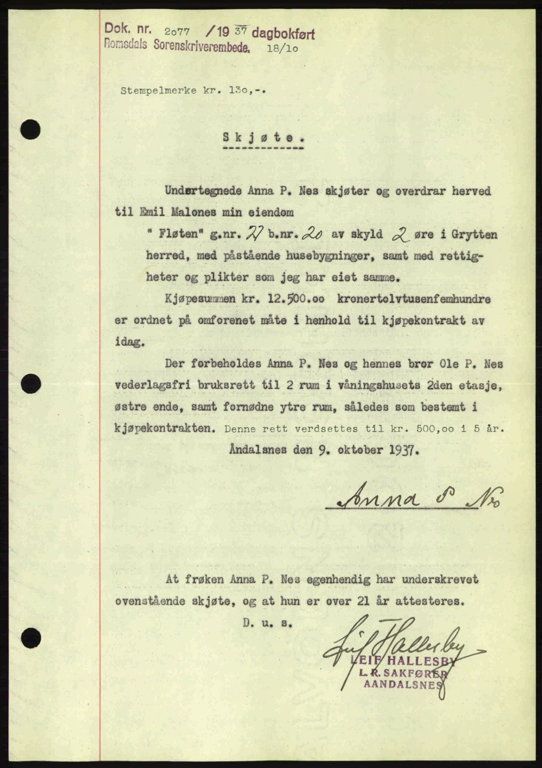 Romsdal sorenskriveri, AV/SAT-A-4149/1/2/2C: Mortgage book no. A4, 1937-1938, Diary no: : 2077/1937