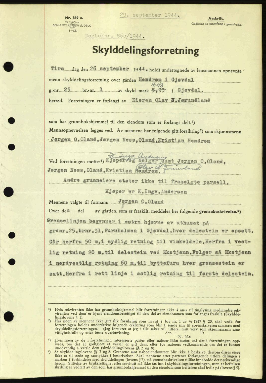 Nedenes sorenskriveri, SAK/1221-0006/G/Gb/Gba/L0052: Mortgage book no. A6a, 1944-1945, Diary no: : 860/1944