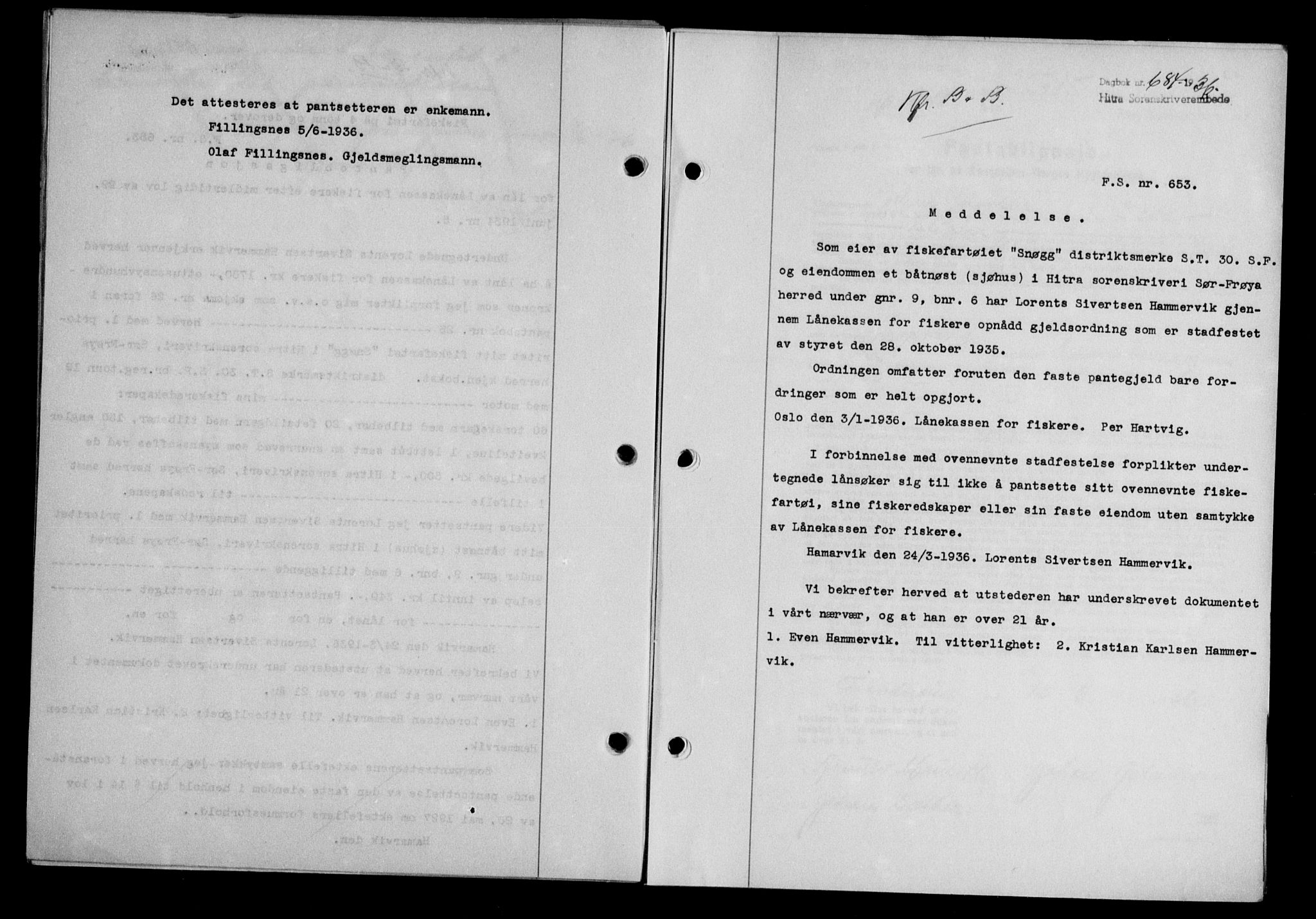 Hitra sorenskriveri, AV/SAT-A-0018/2/2C/2Ca/L0028: Mortgage book no. B-1, 1936-1939, Diary no: : 684/1936