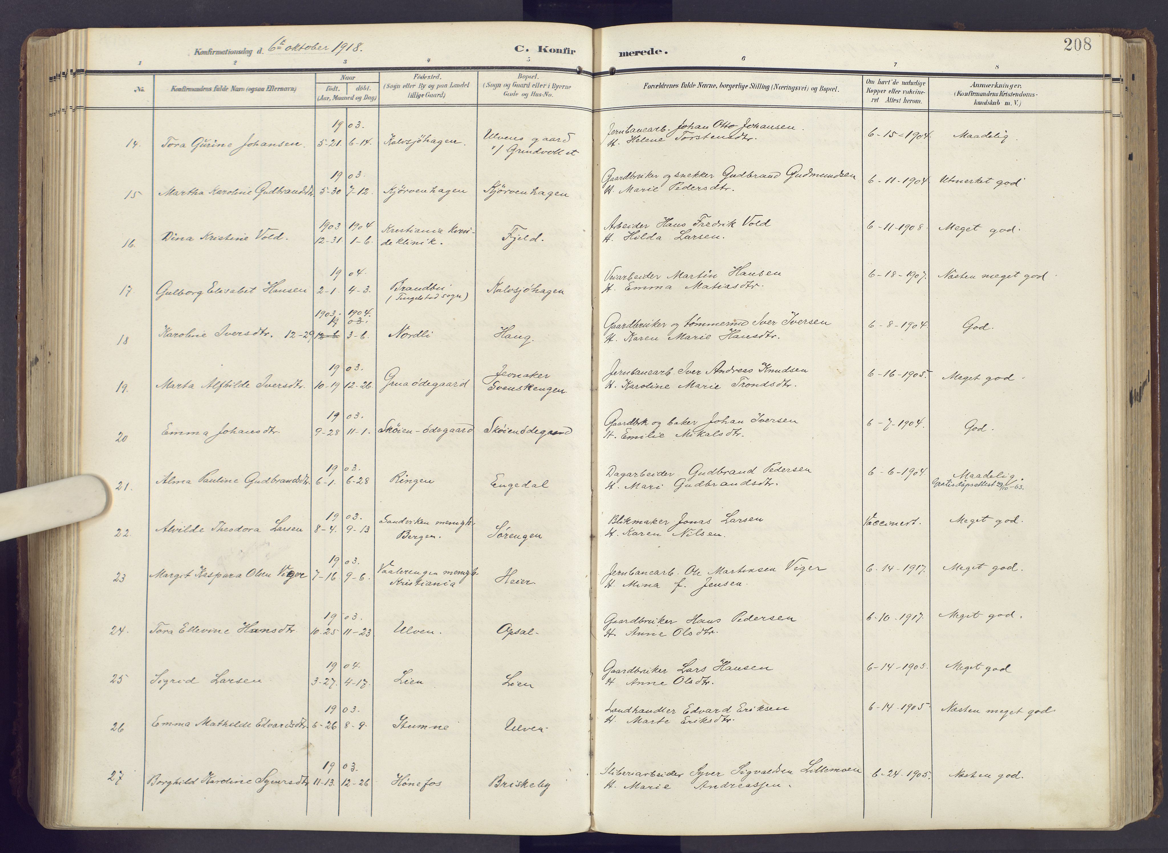 Lunner prestekontor, AV/SAH-PREST-118/H/Ha/Haa/L0001: Parish register (official) no. 1, 1907-1922, p. 208