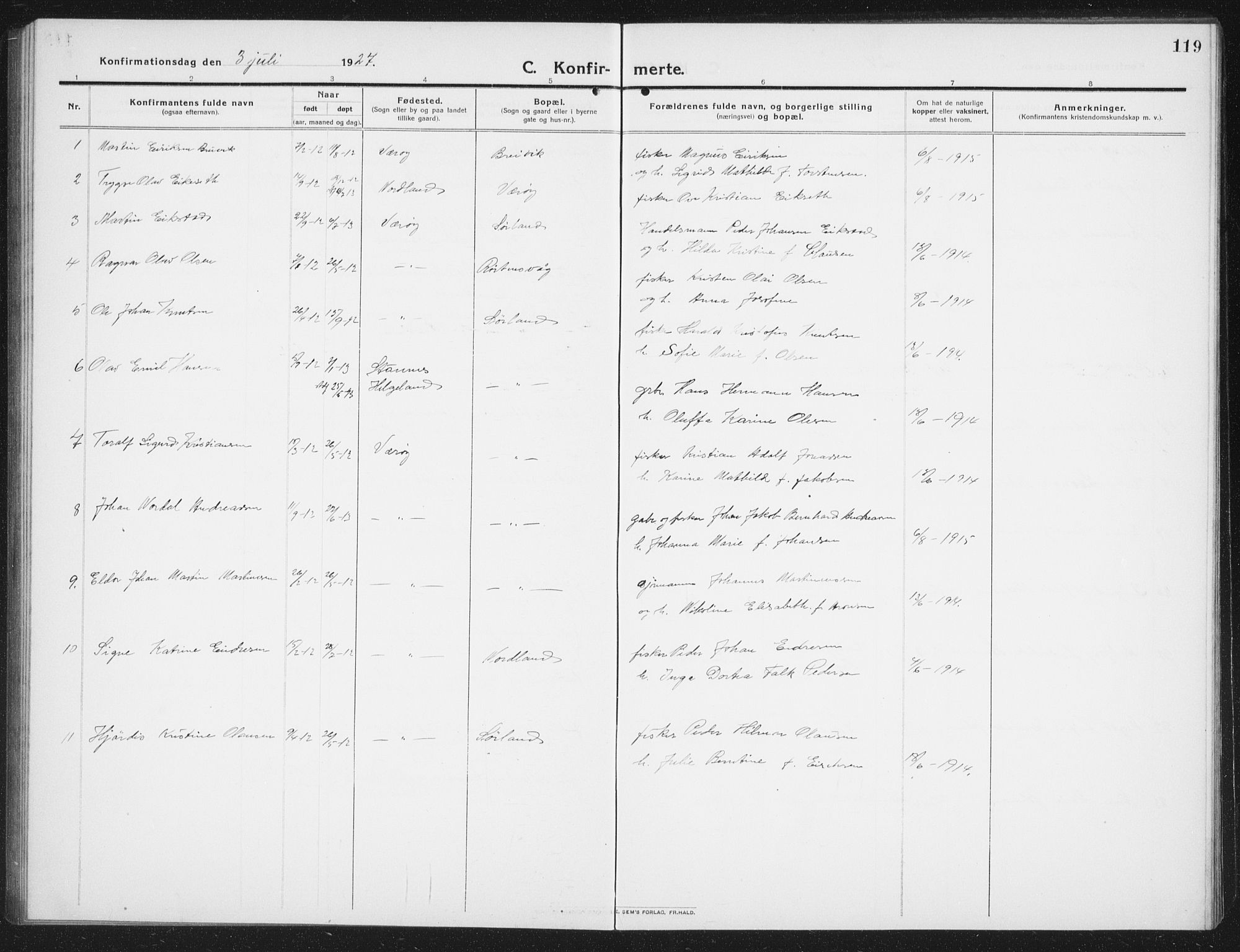 Ministerialprotokoller, klokkerbøker og fødselsregistre - Nordland, AV/SAT-A-1459/807/L0124: Parish register (copy) no. 807C02, 1910-1935, p. 119