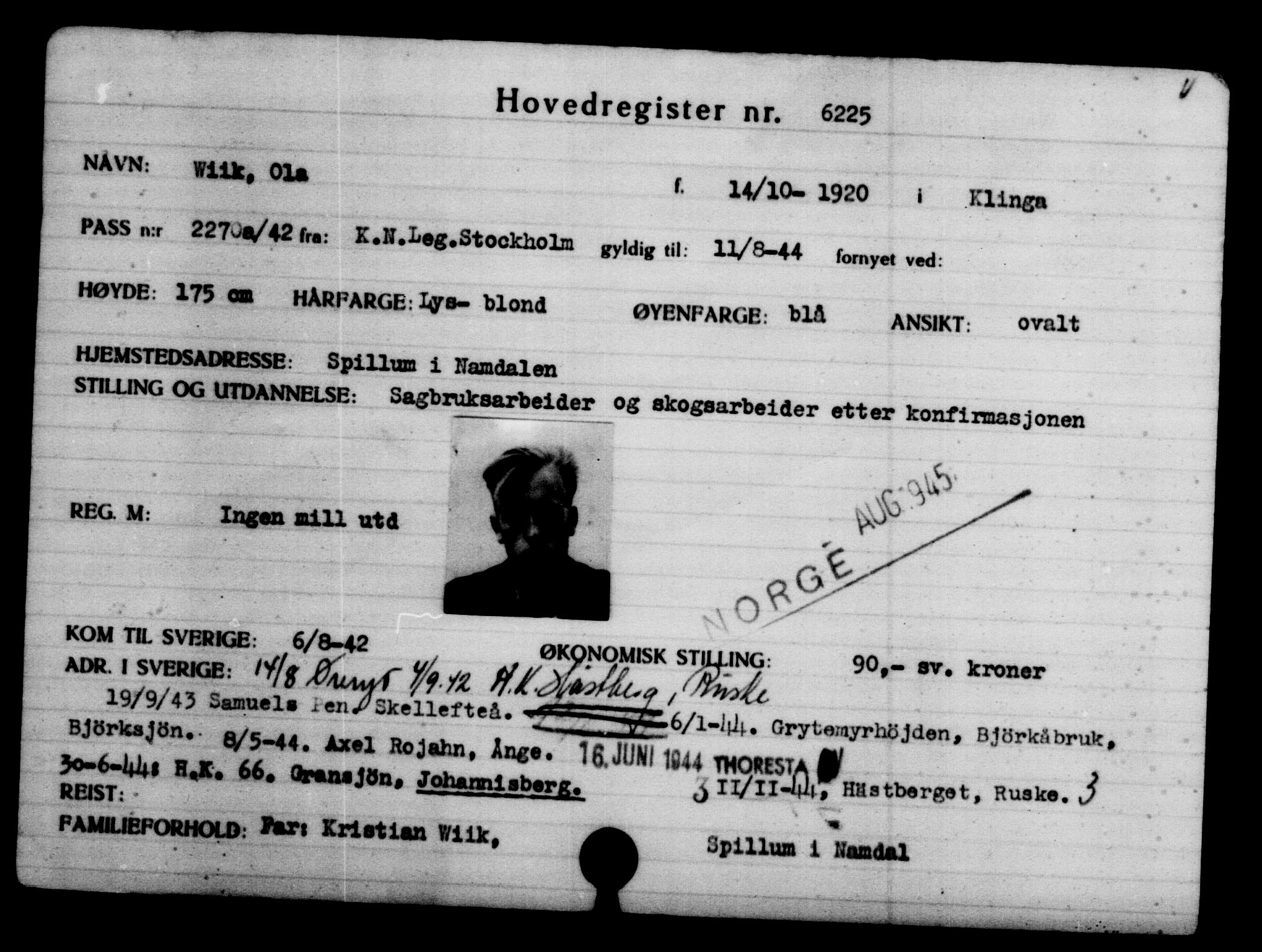 Utenriksstasjonene, Legasjonen i Stockholm, Flyktningkontoret, AV/RA-S-6753/V/Va/L0004: Kjesäterkartoteket, flyktninger med registreringsnr. 3496-6610, 1940-1945, p. 3212