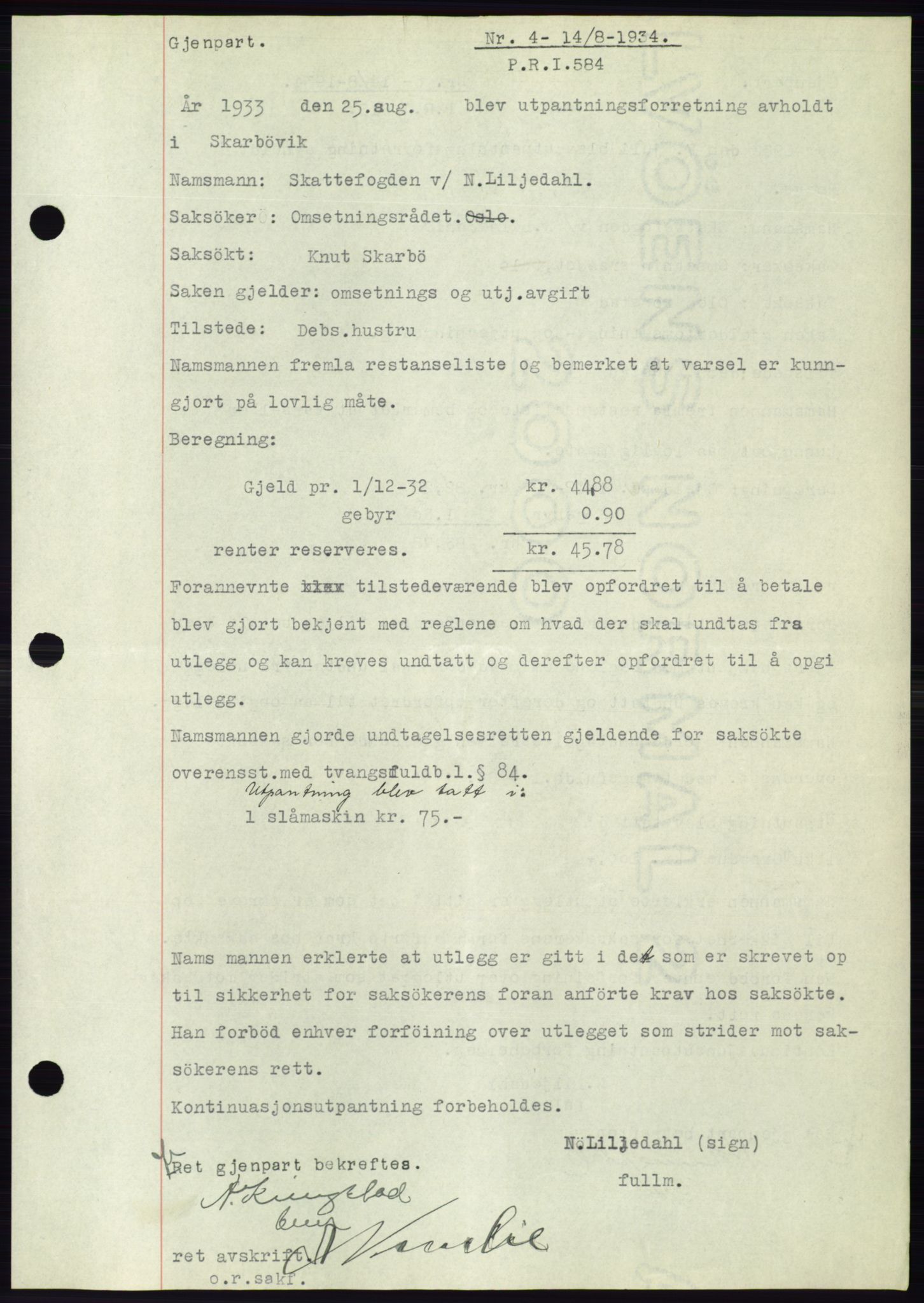 Ålesund byfogd, AV/SAT-A-4384: Mortgage book no. 31, 1933-1934, Deed date: 14.08.1934