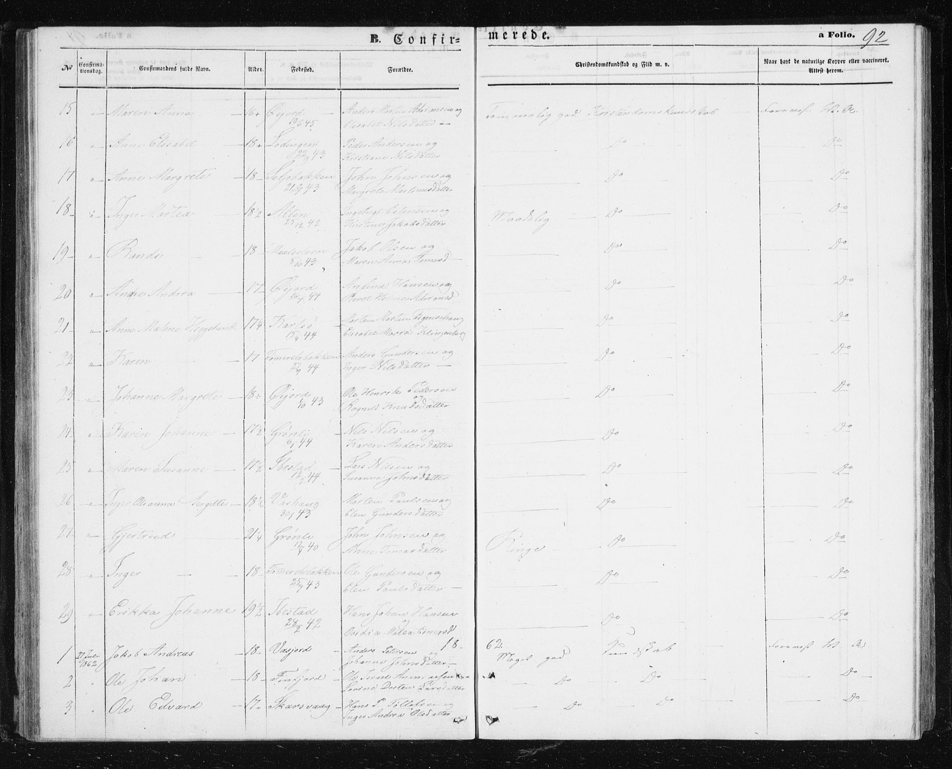 Lenvik sokneprestembete, SATØ/S-1310/H/Ha/Hab/L0004klokker: Parish register (copy) no. 4, 1859-1869, p. 92