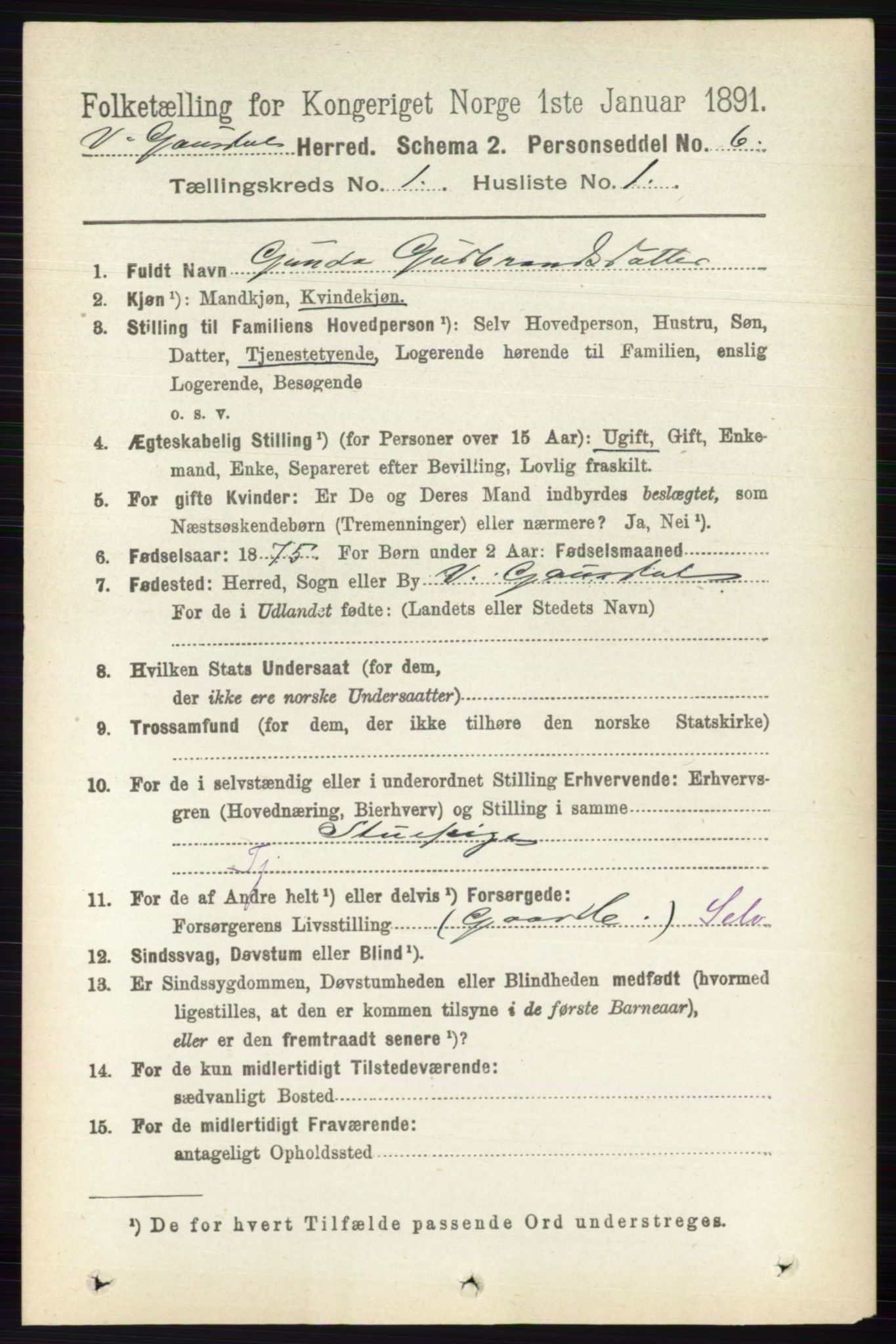 RA, 1891 census for 0523 Vestre Gausdal, 1891, p. 87