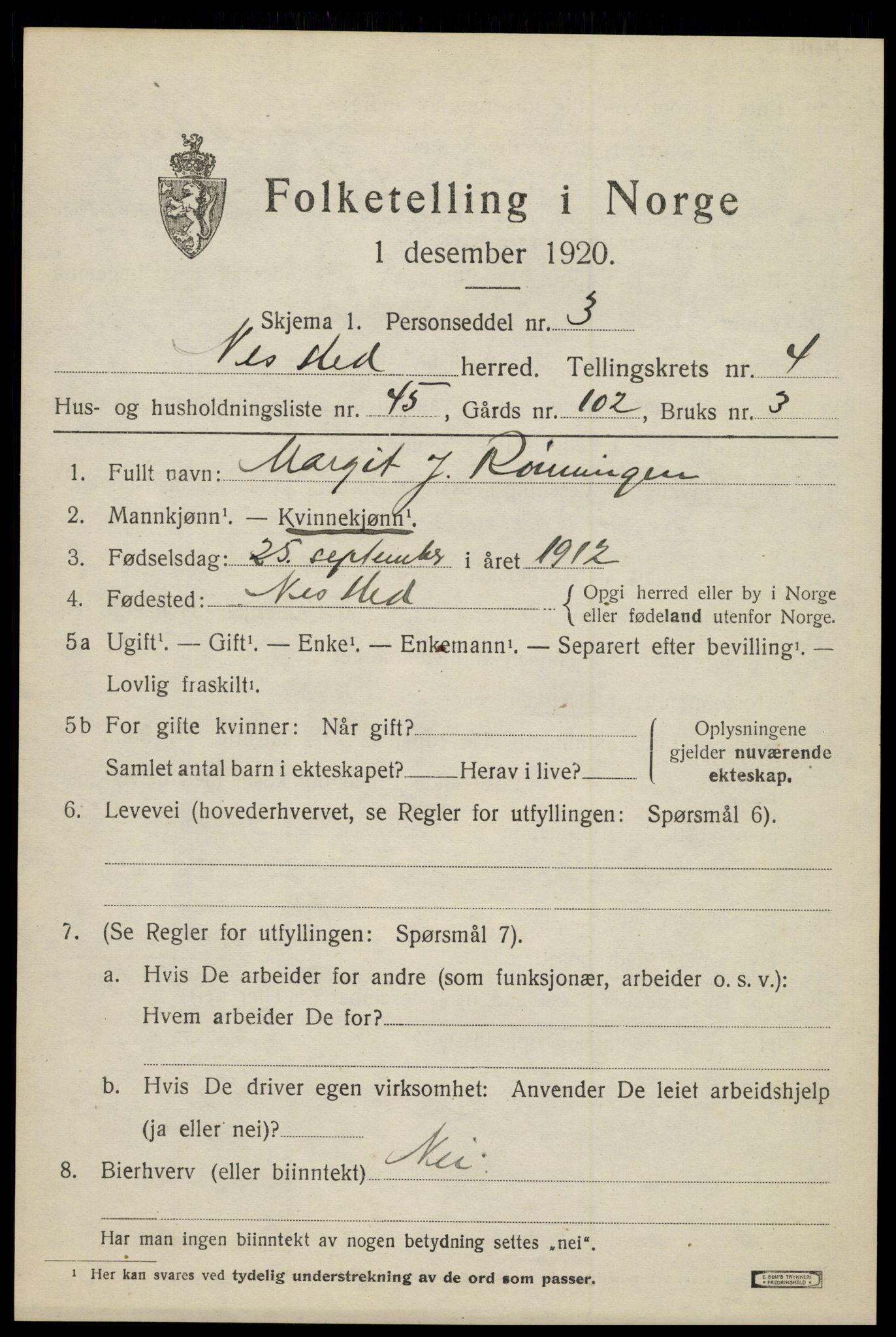 SAH, 1920 census for Nes (Hedmark), 1920, p. 6106