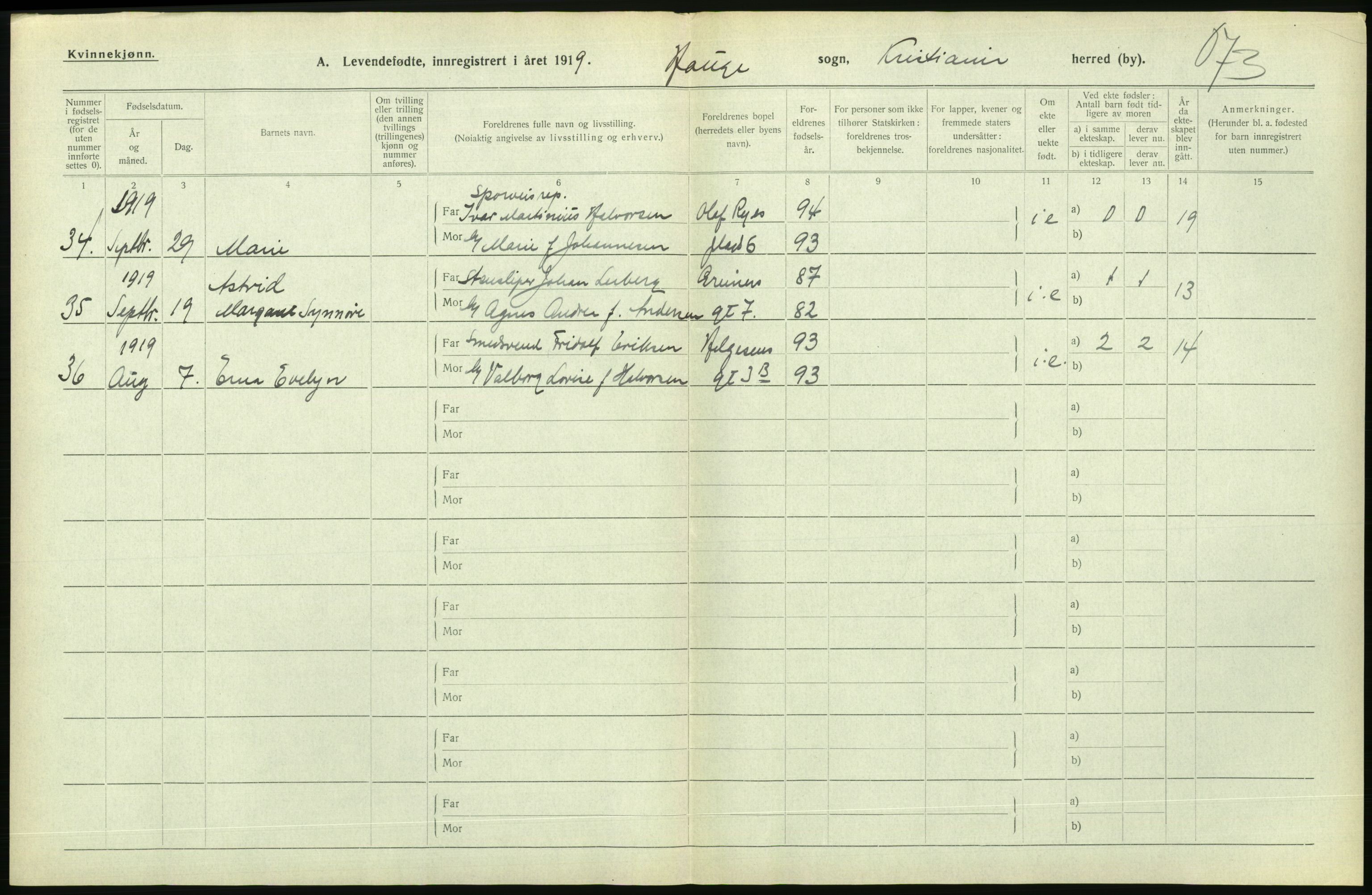 Statistisk sentralbyrå, Sosiodemografiske emner, Befolkning, AV/RA-S-2228/D/Df/Dfb/Dfbi/L0008: Kristiania: Levendefødte menn og kvinner., 1919