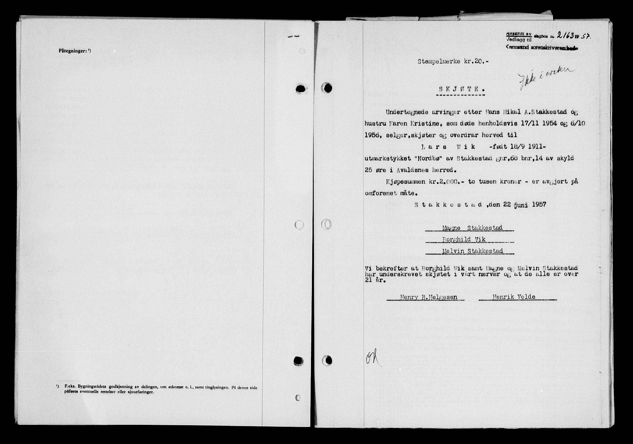 Karmsund sorenskriveri, AV/SAST-A-100311/01/II/IIB/L0125: Mortgage book no. 105A, 1957-1957, Diary no: : 2163/1957