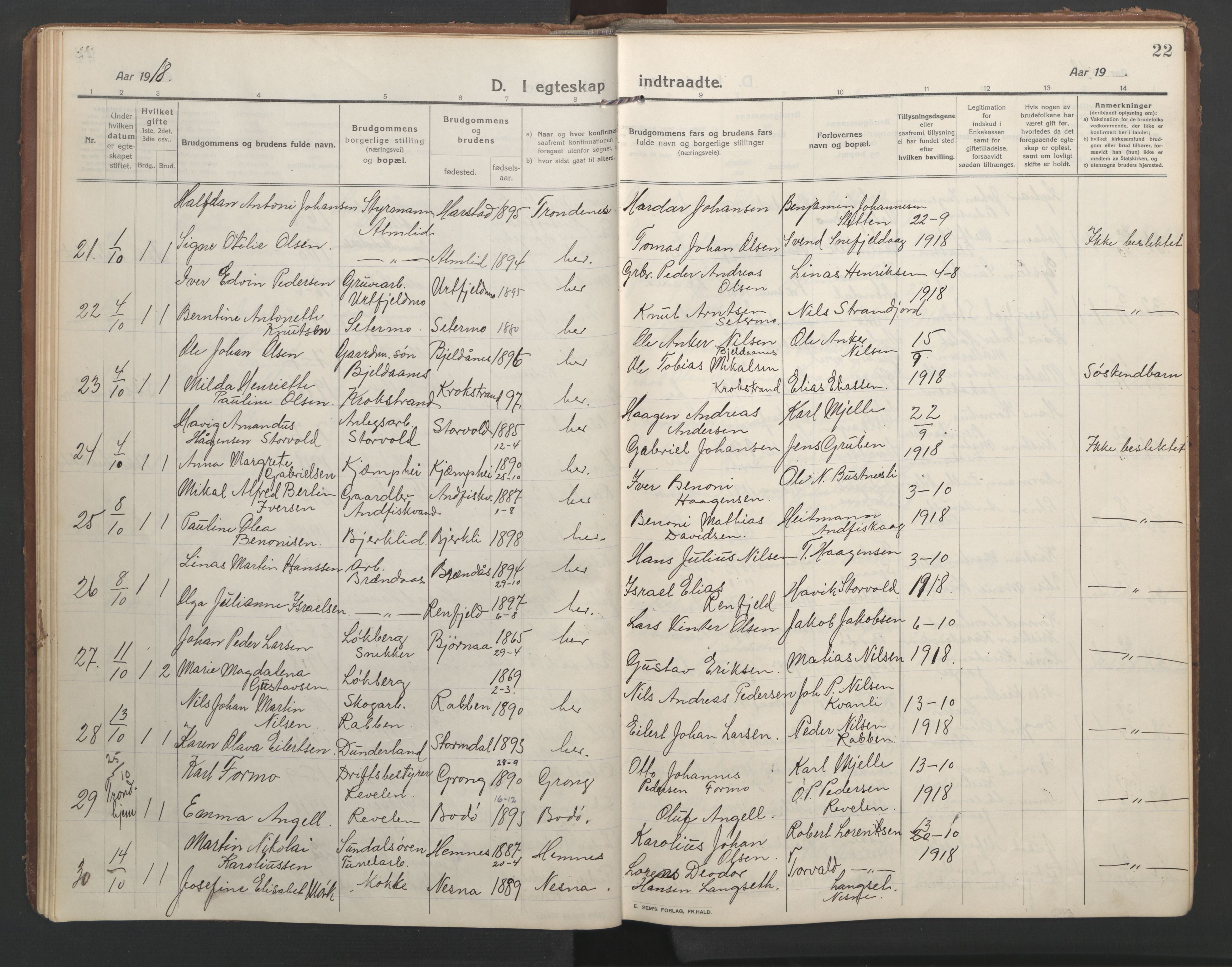Ministerialprotokoller, klokkerbøker og fødselsregistre - Nordland, SAT/A-1459/827/L0405: Parish register (official) no. 827A17, 1912-1925, p. 22