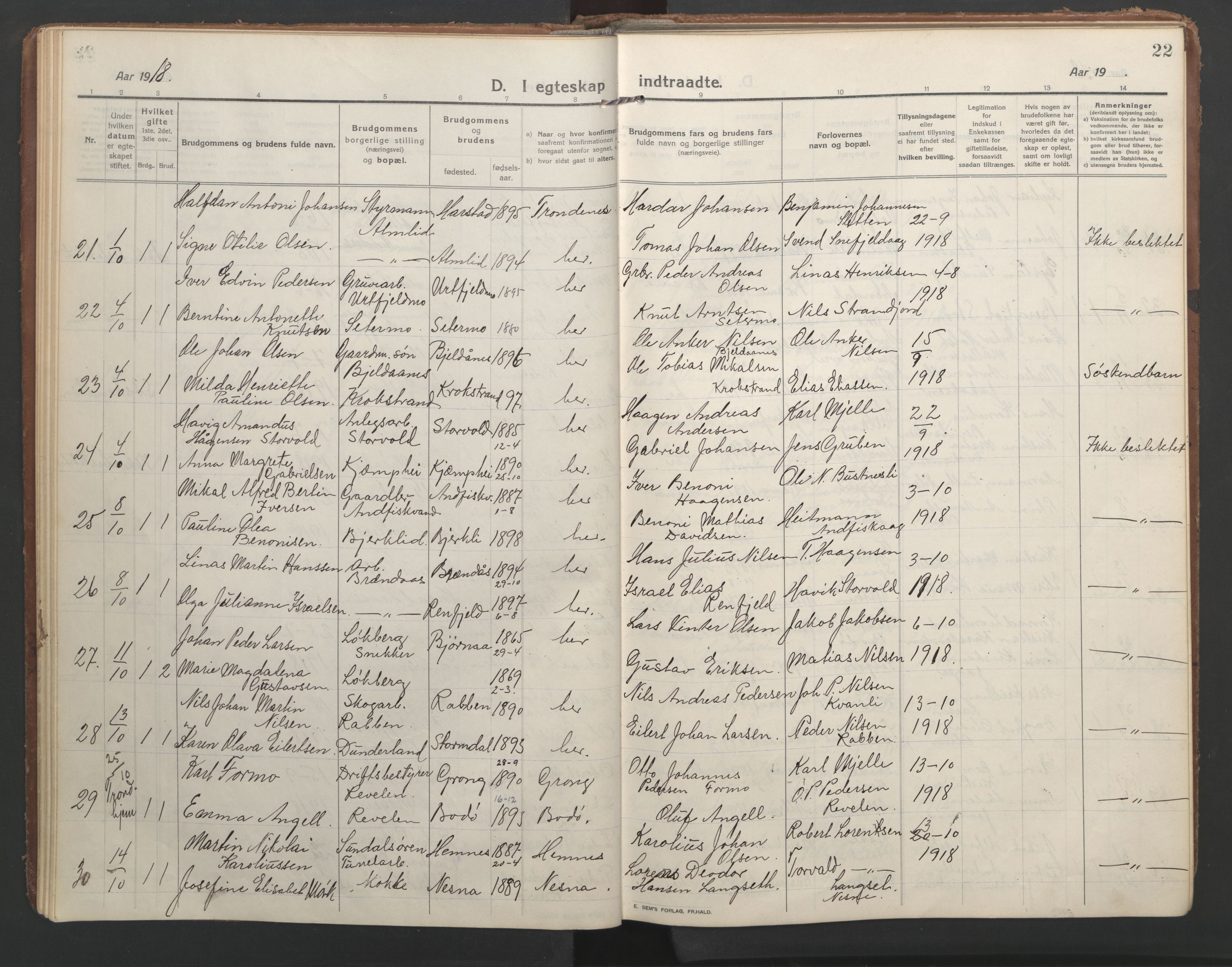 Ministerialprotokoller, klokkerbøker og fødselsregistre - Nordland, AV/SAT-A-1459/827/L0405: Parish register (official) no. 827A17, 1912-1925, p. 22