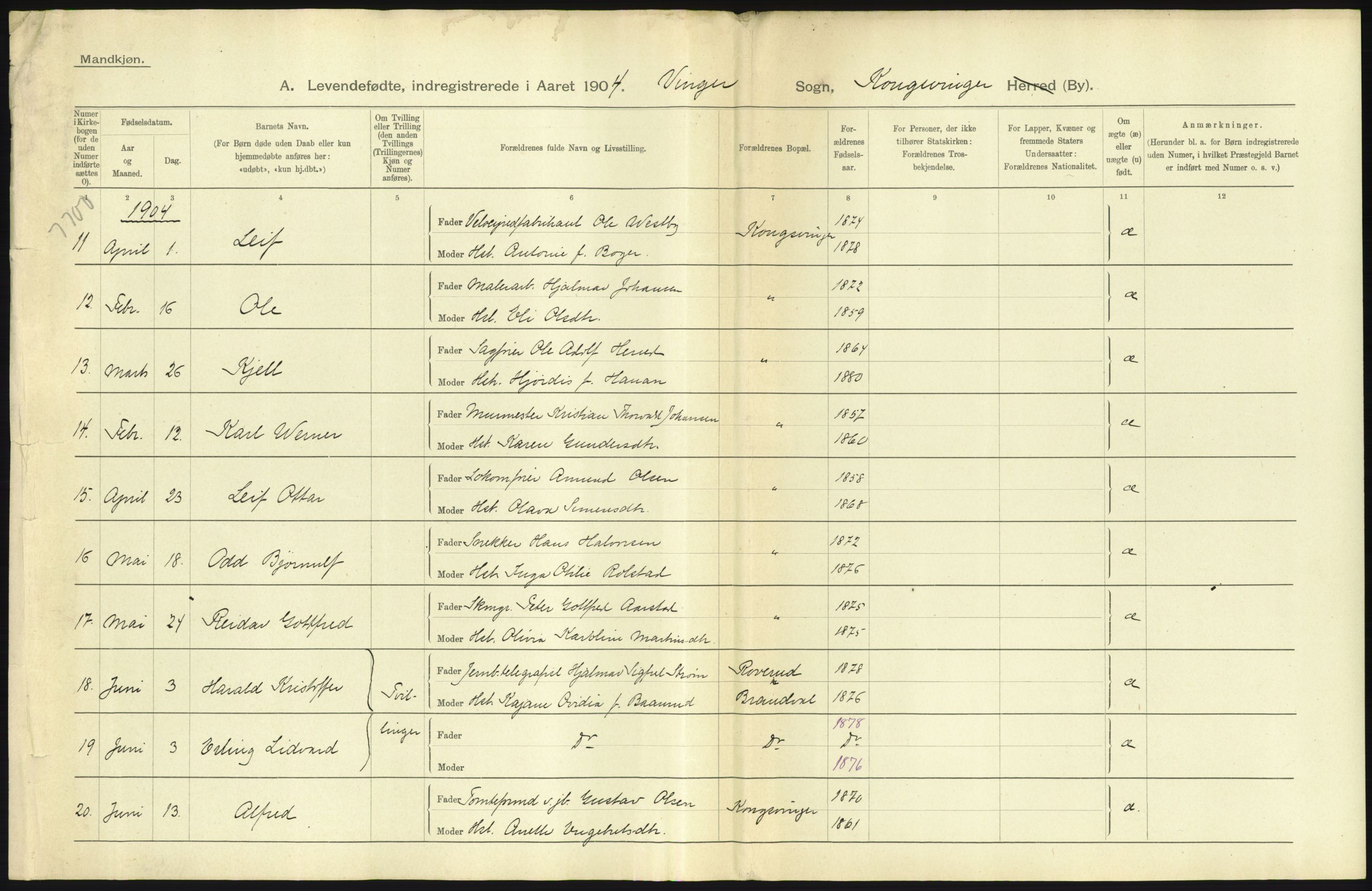 Statistisk sentralbyrå, Sosiodemografiske emner, Befolkning, AV/RA-S-2228/D/Df/Dfa/Dfab/L0005: Hedemarkens amt: Fødte, gifte, døde, 1904, p. 5