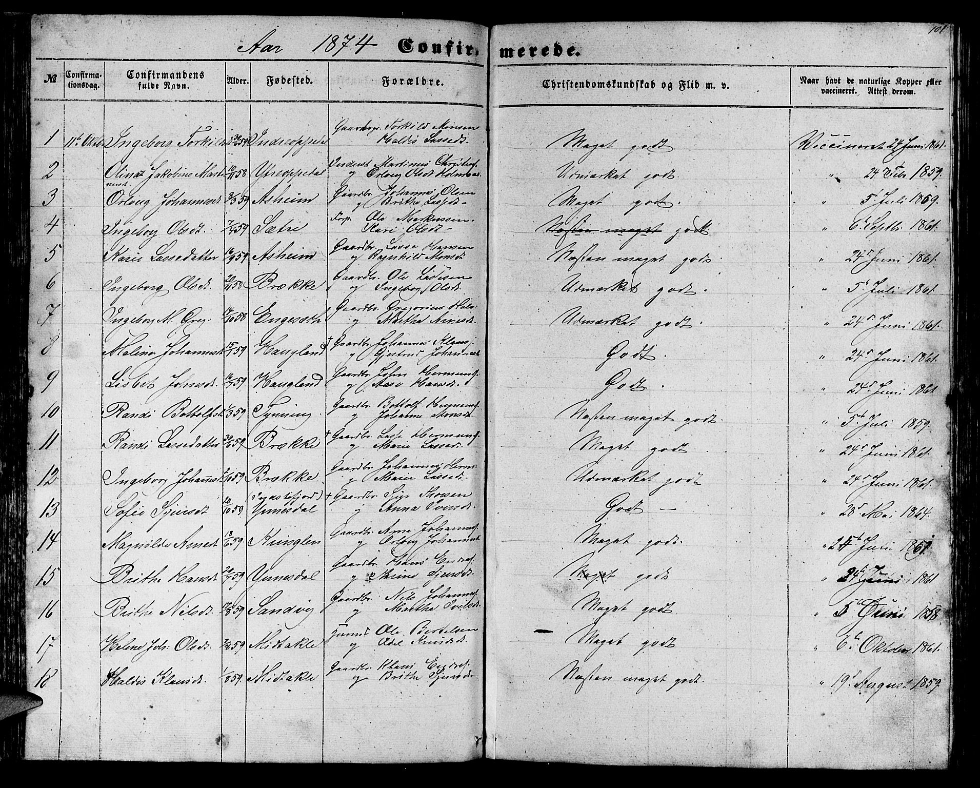 Gulen sokneprestembete, AV/SAB-A-80201/H/Hab/Habc/L0001: Parish register (copy) no. C 1, 1853-1880, p. 101