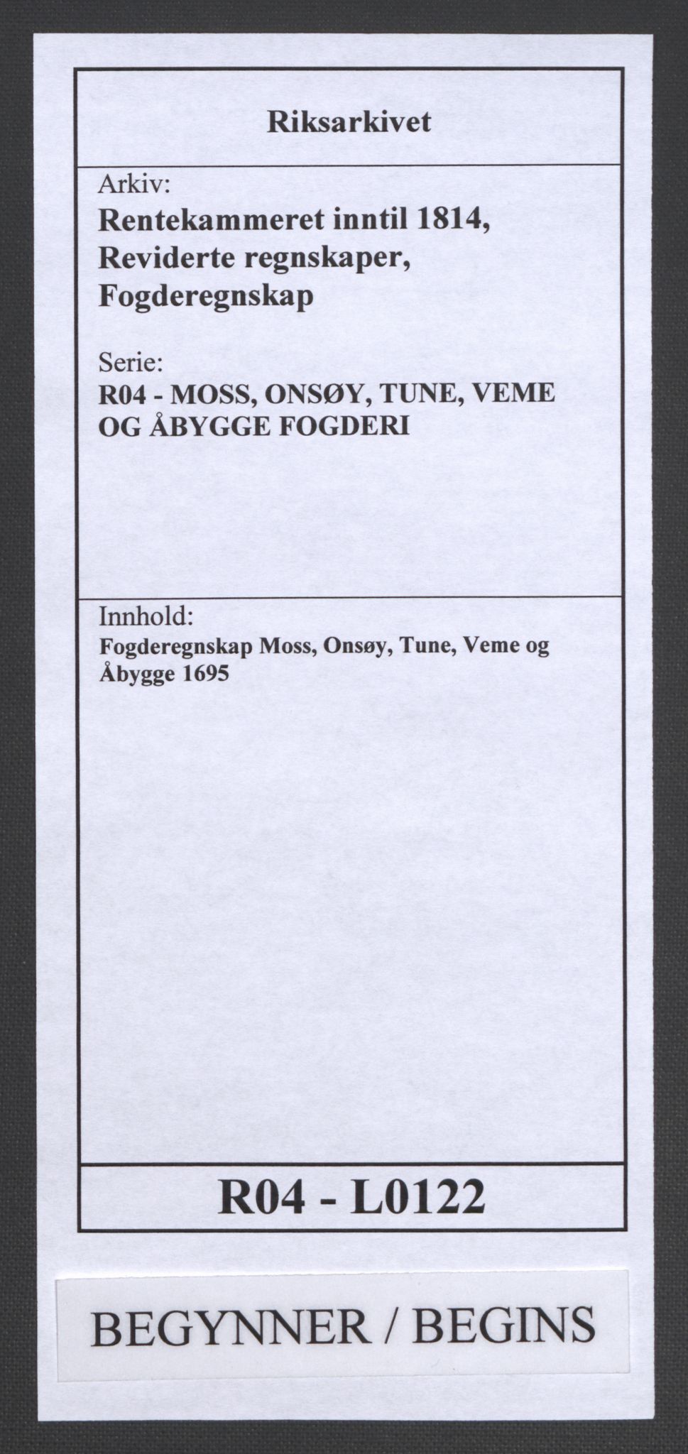 Rentekammeret inntil 1814, Reviderte regnskaper, Fogderegnskap, RA/EA-4092/R04/L0122: Fogderegnskap Moss, Onsøy, Tune, Veme og Åbygge, 1695, p. 1