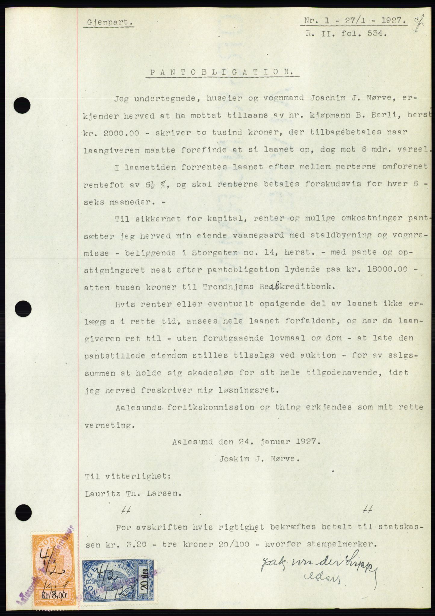 Ålesund byfogd, AV/SAT-A-4384: Mortgage book no. 21, 1926-1927, Deed date: 27.01.1927