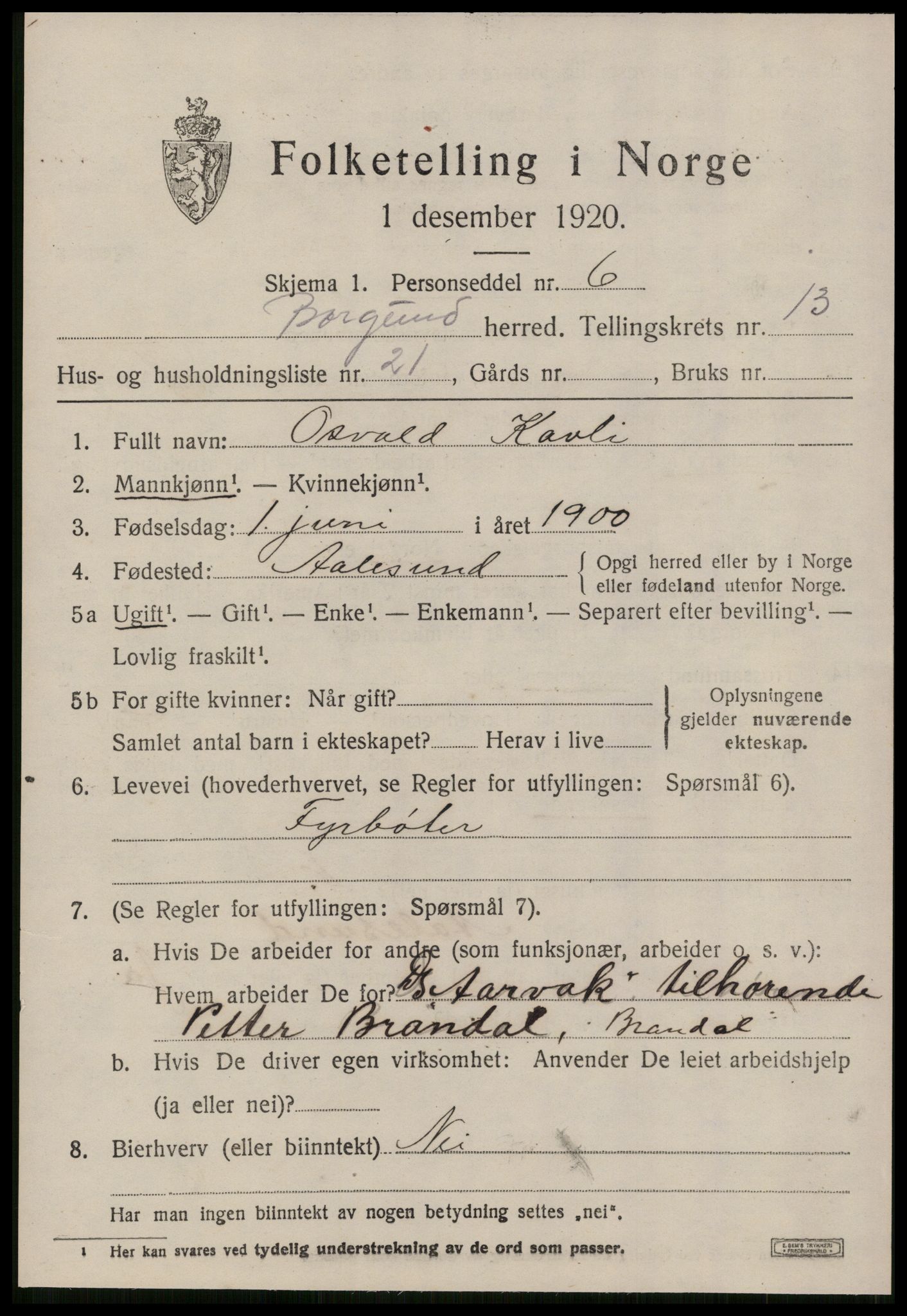 SAT, 1920 census for Borgund, 1920, p. 11064