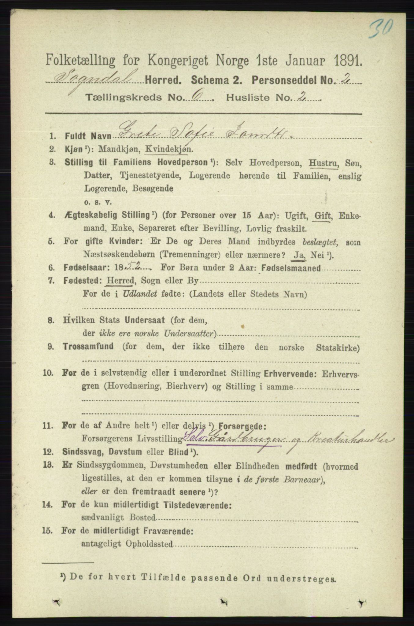 RA, 1891 census for 1111 Sokndal, 1891, p. 1647