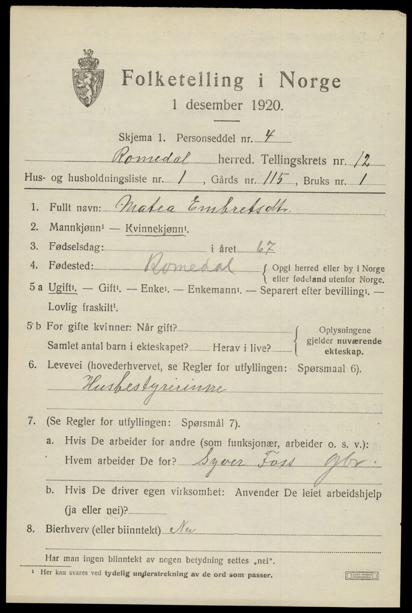 SAH, 1920 census for Romedal, 1920, p. 12601