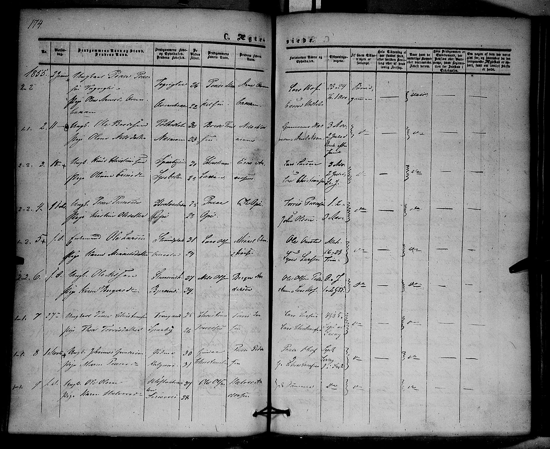 Hof prestekontor, SAH/PREST-038/H/Ha/Haa/L0008: Parish register (official) no. 8, 1849-1861, p. 174