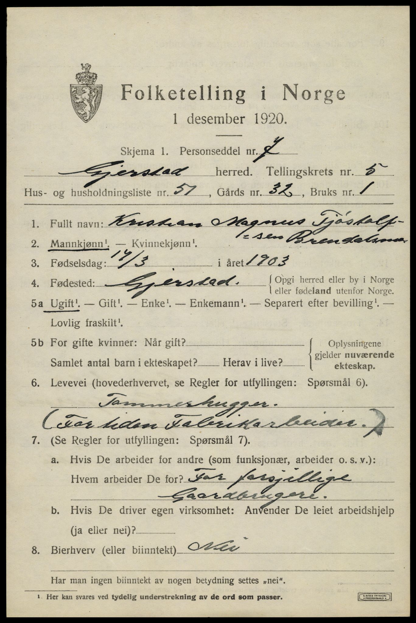 SAK, 1920 census for Gjerstad, 1920, p. 3817