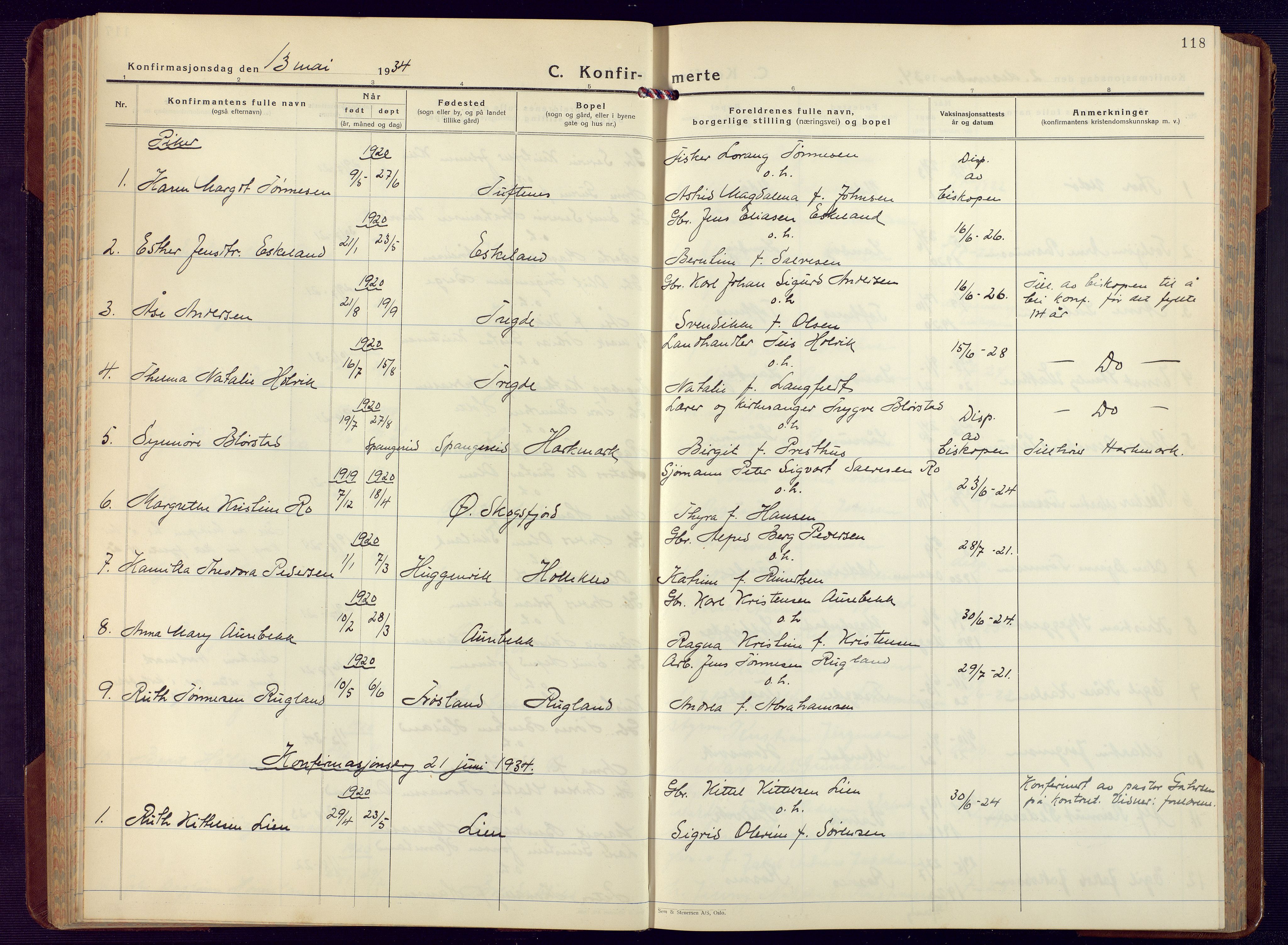Mandal sokneprestkontor, SAK/1111-0030/F/Fb/Fba/L0014: Parish register (copy) no. B 8, 1932-1952, p. 118