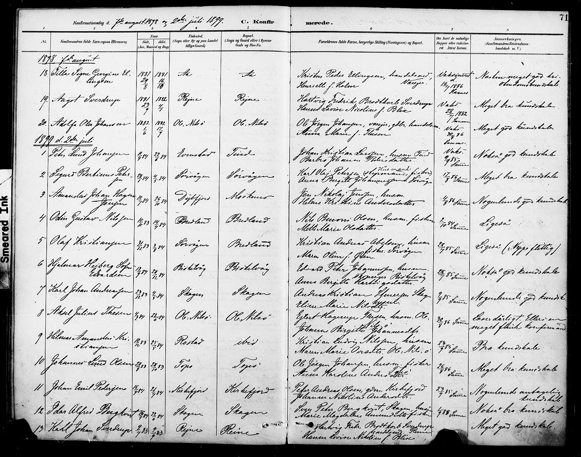 Ministerialprotokoller, klokkerbøker og fødselsregistre - Nordland, AV/SAT-A-1459/886/L1220: Parish register (official) no. 886A02, 1892-1903, p. 71