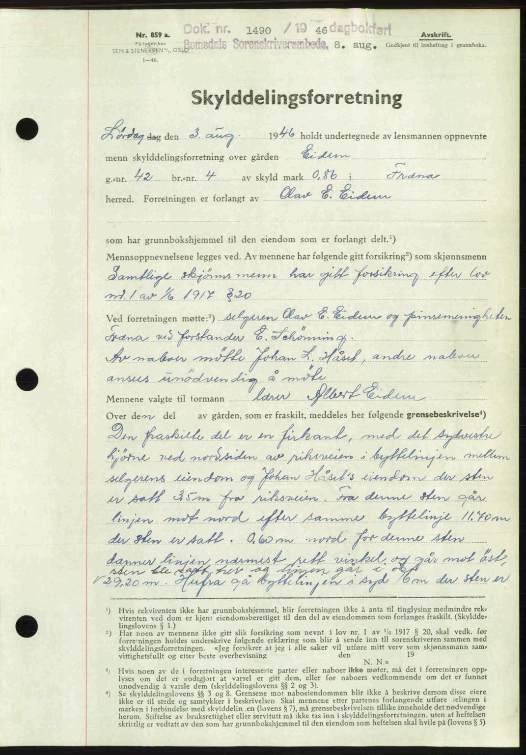 Romsdal sorenskriveri, AV/SAT-A-4149/1/2/2C: Mortgage book no. A20, 1946-1946, Diary no: : 1490/1946