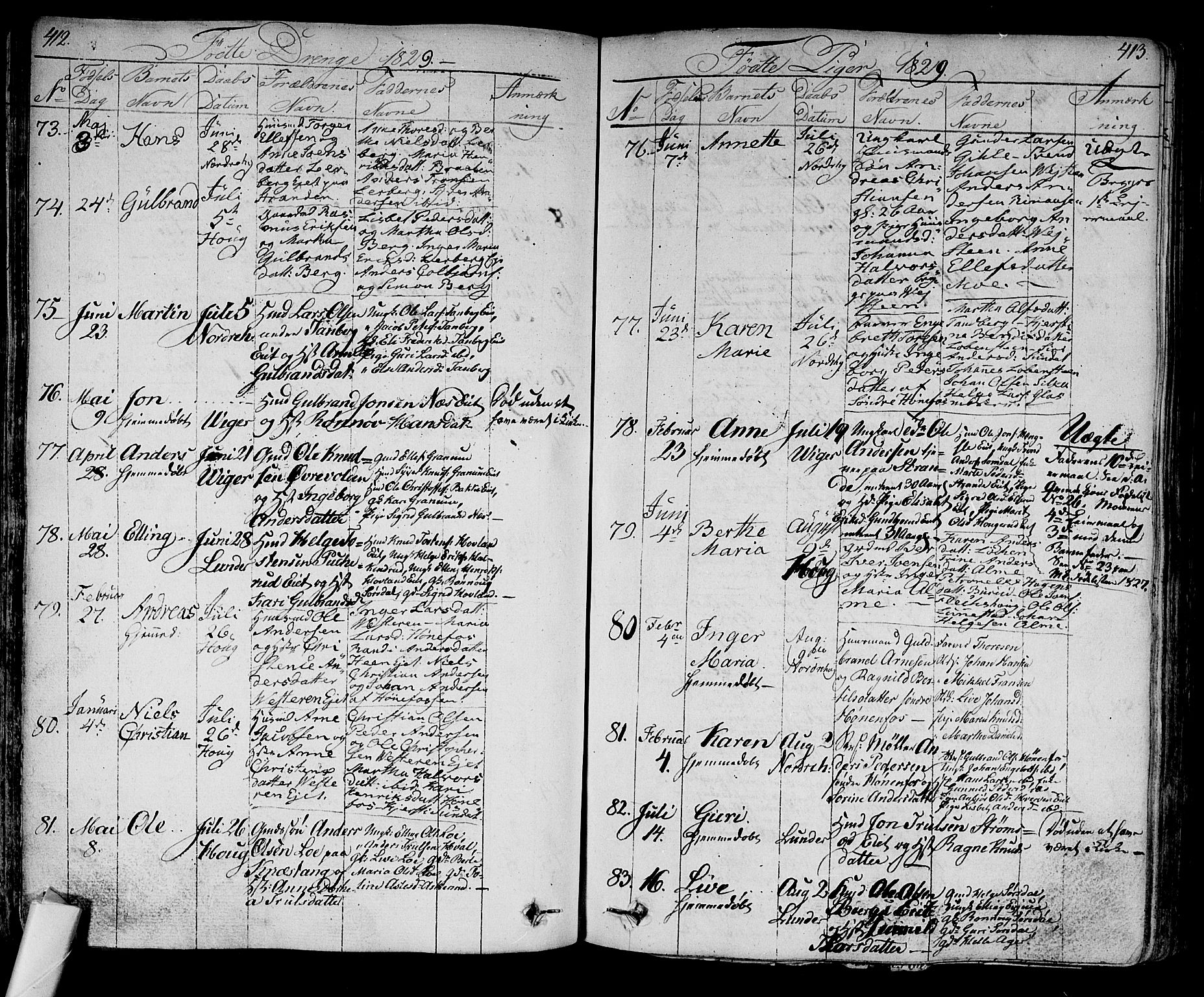 Norderhov kirkebøker, SAKO/A-237/F/Fa/L0009: Parish register (official) no. 9, 1819-1837, p. 412-413