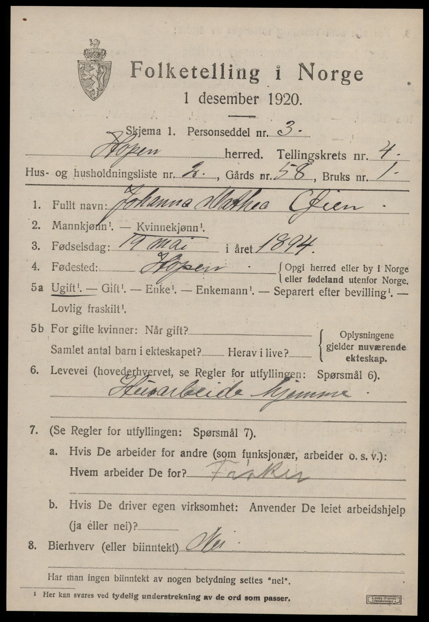 SAT, 1920 census for Hopen, 1920, p. 2010