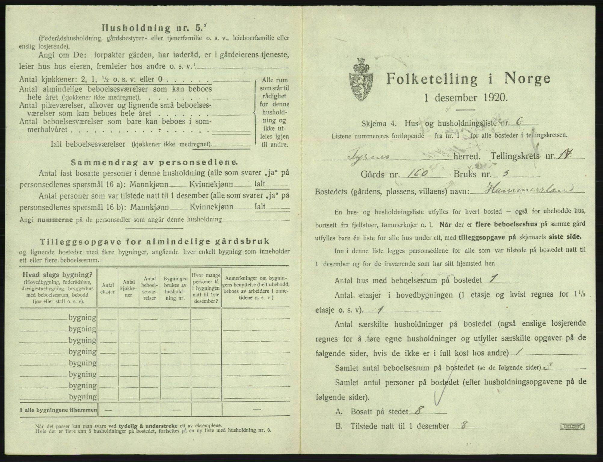 SAB, 1920 census for Tysnes, 1920, p. 1608