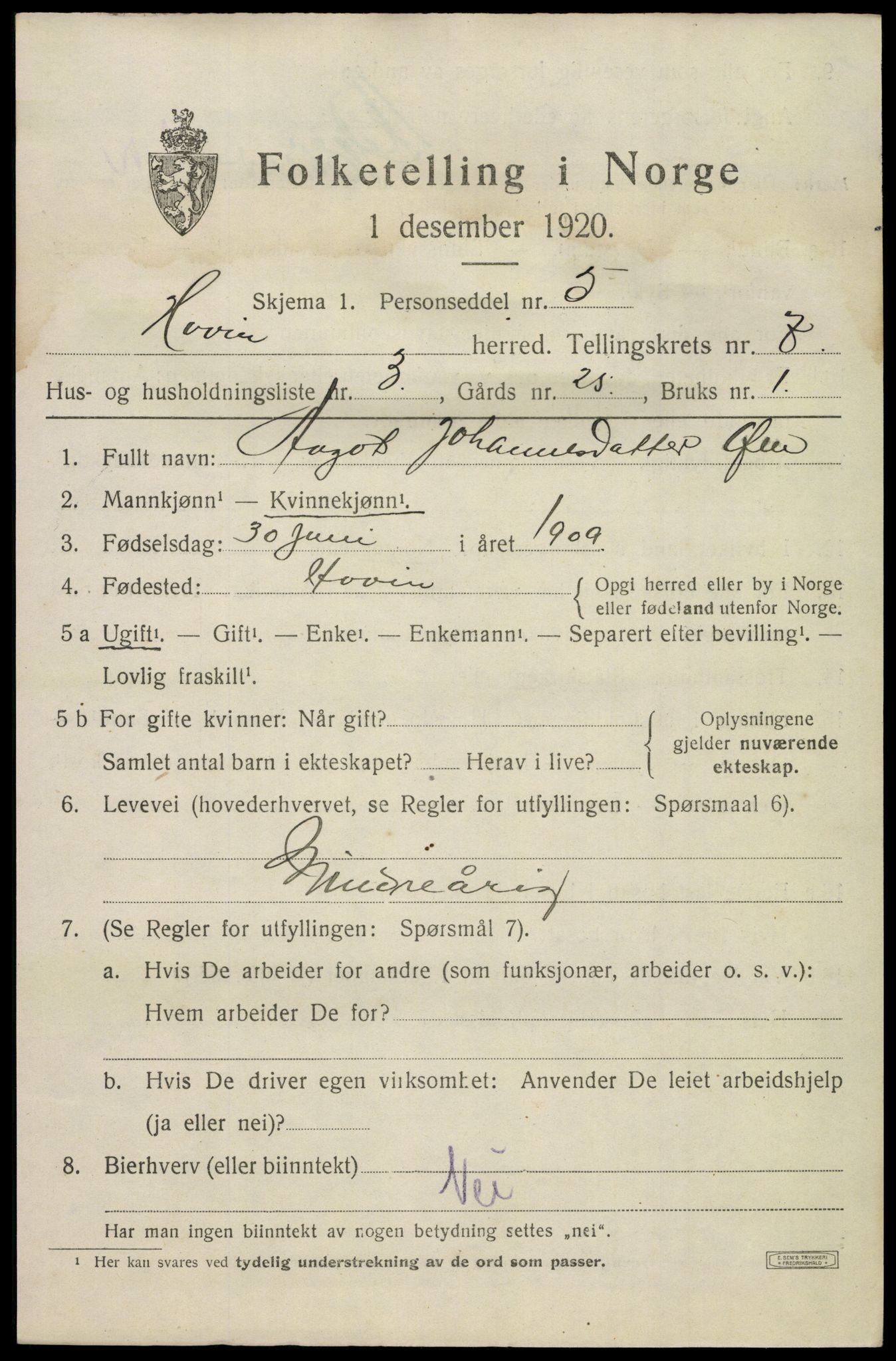 SAKO, 1920 census for Hovin, 1920, p. 1725