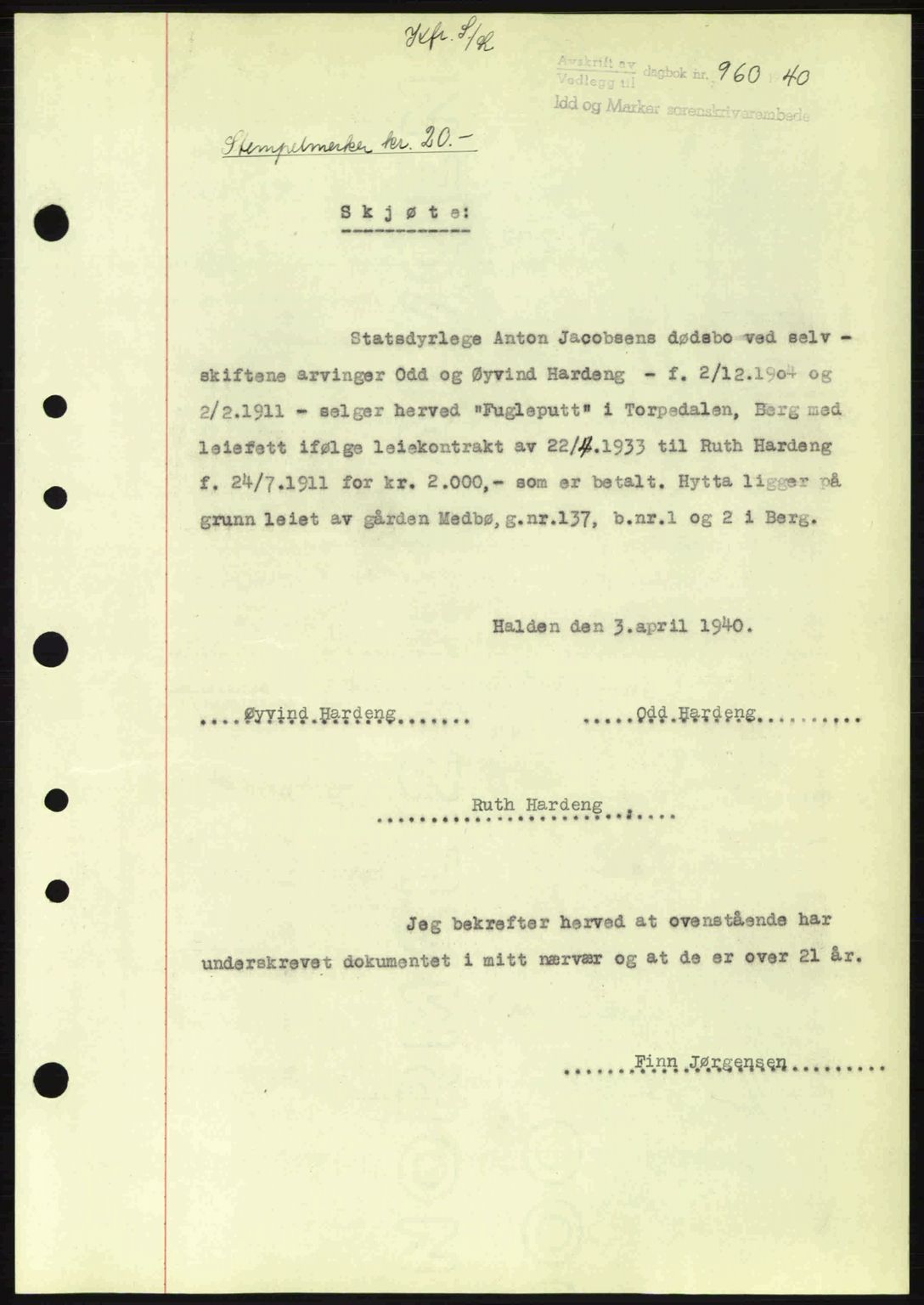 Idd og Marker sorenskriveri, AV/SAO-A-10283/G/Gb/Gbb/L0004: Mortgage book no. A4, 1940-1941, Diary no: : 960/1940