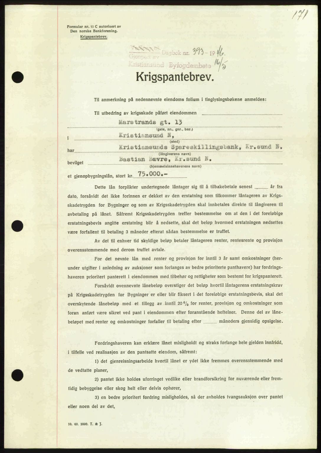 Kristiansund byfogd, AV/SAT-A-4587/A/27: Mortgage book no. 40, 1946-1946, Diary no: : 393/1946