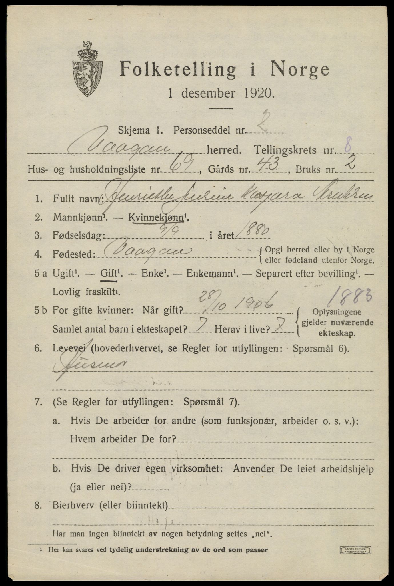 SAT, 1920 census for Vågan, 1920, p. 7957