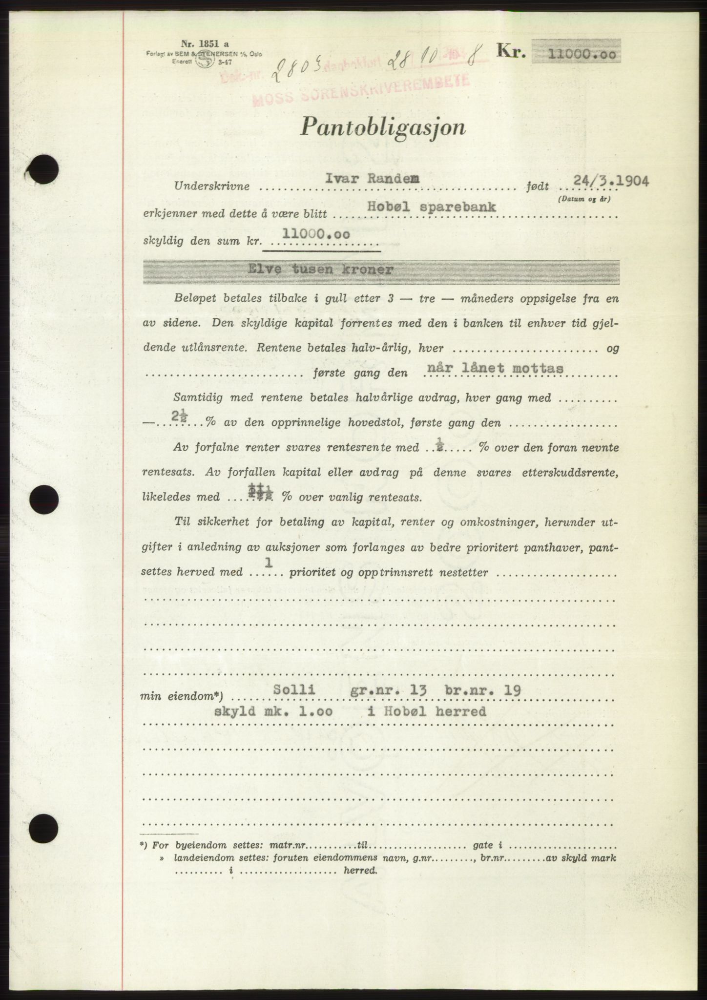 Moss sorenskriveri, AV/SAO-A-10168: Mortgage book no. B20, 1948-1948, Diary no: : 2803/1948