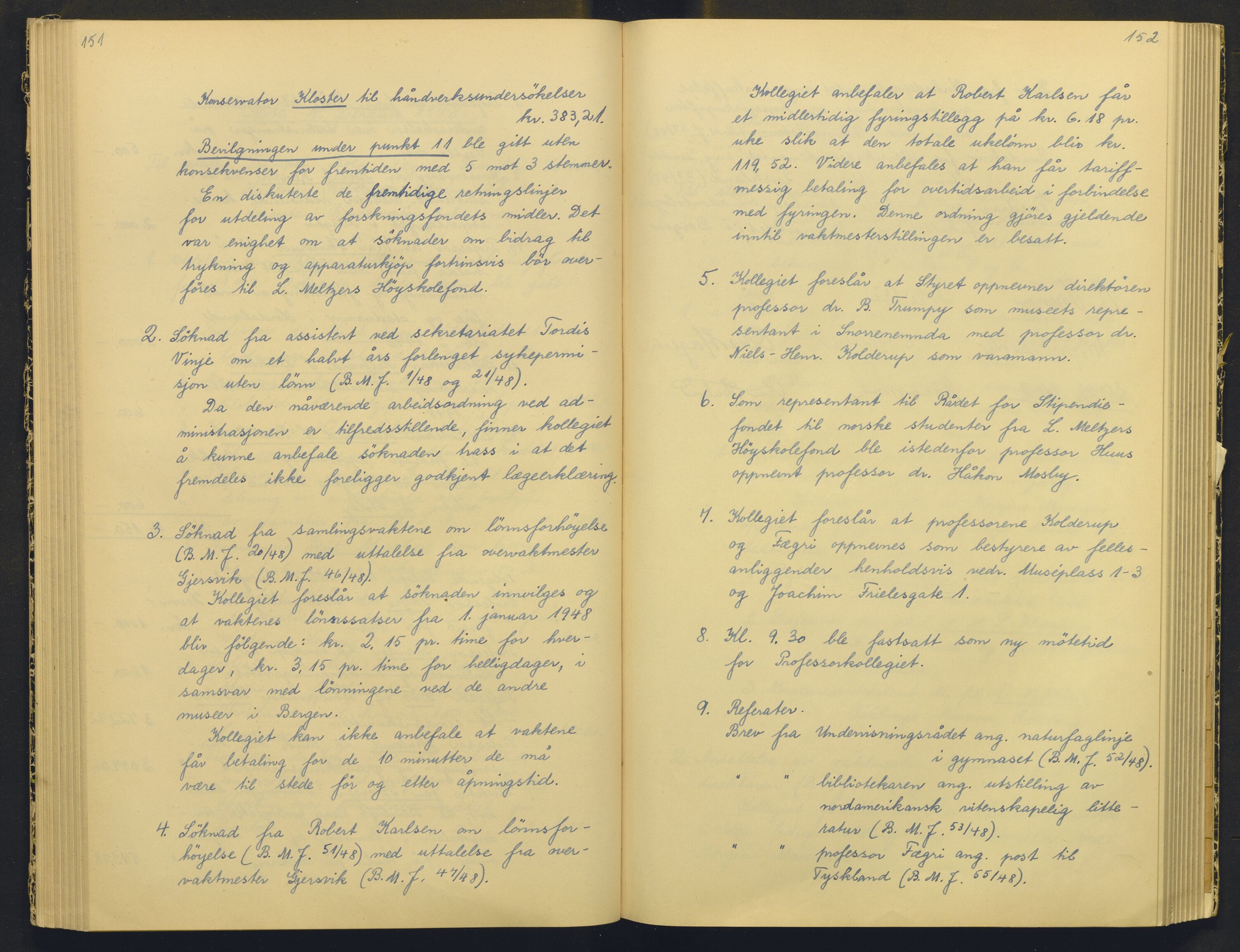 Bergens Museum, AV/SAB-A-17301/18/A/L0004: Professorkollegiets møtebok med register , 1945-1949, p. 151-152