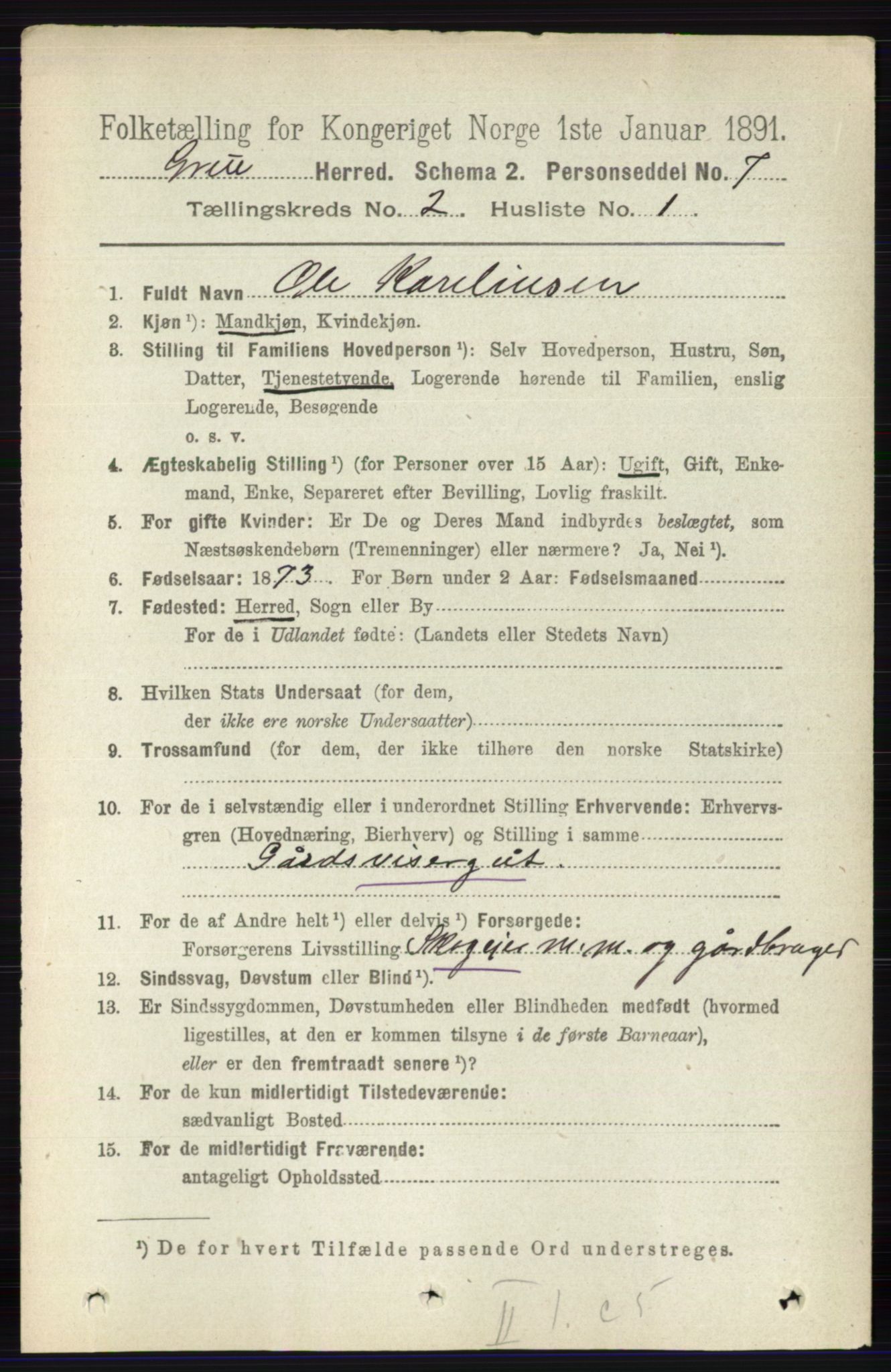 RA, 1891 census for 0423 Grue, 1891, p. 1078