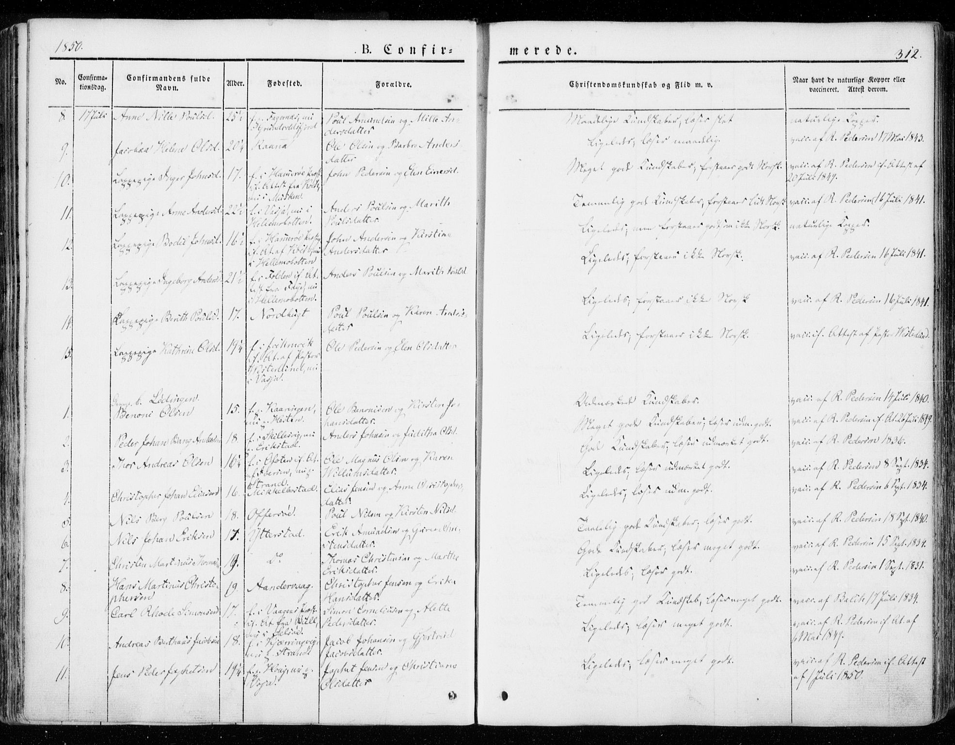 Ministerialprotokoller, klokkerbøker og fødselsregistre - Nordland, SAT/A-1459/872/L1033: Parish register (official) no. 872A08, 1840-1863, p. 312