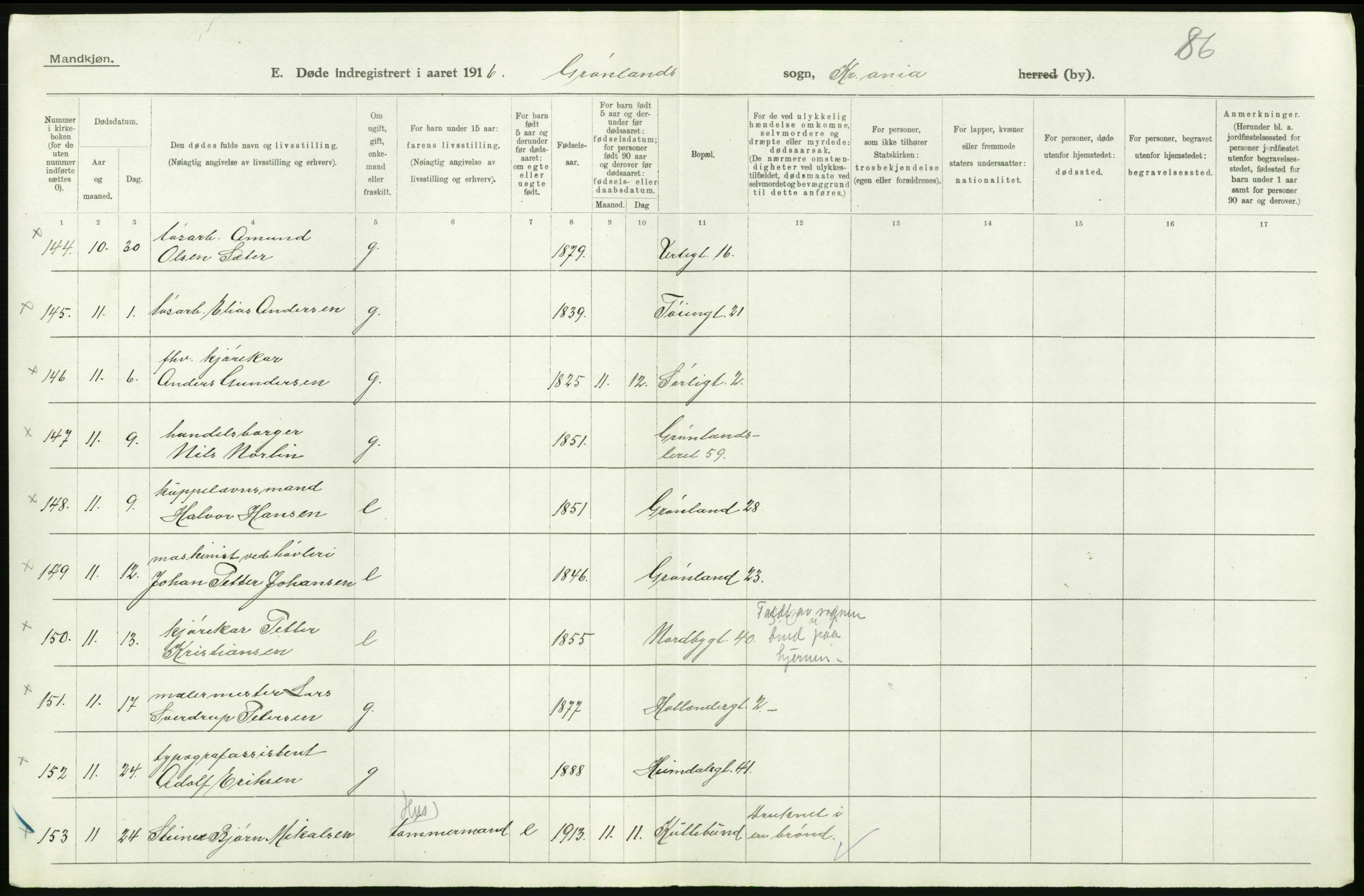 Statistisk sentralbyrå, Sosiodemografiske emner, Befolkning, AV/RA-S-2228/D/Df/Dfb/Dfbf/L0009: Kristiania: Døde., 1916, p. 296