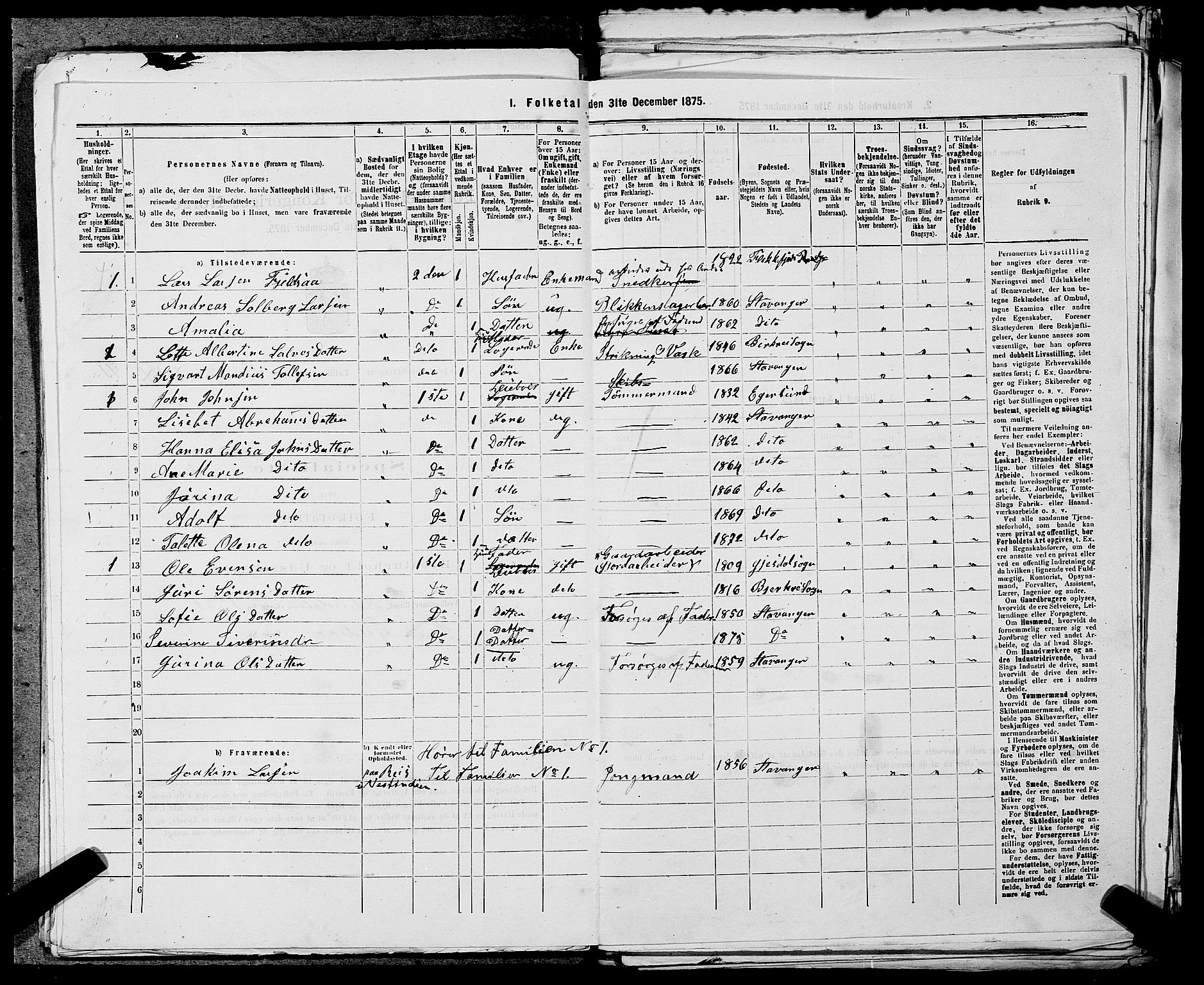 SAST, 1875 census for 1103 Stavanger, 1875, p. 2596