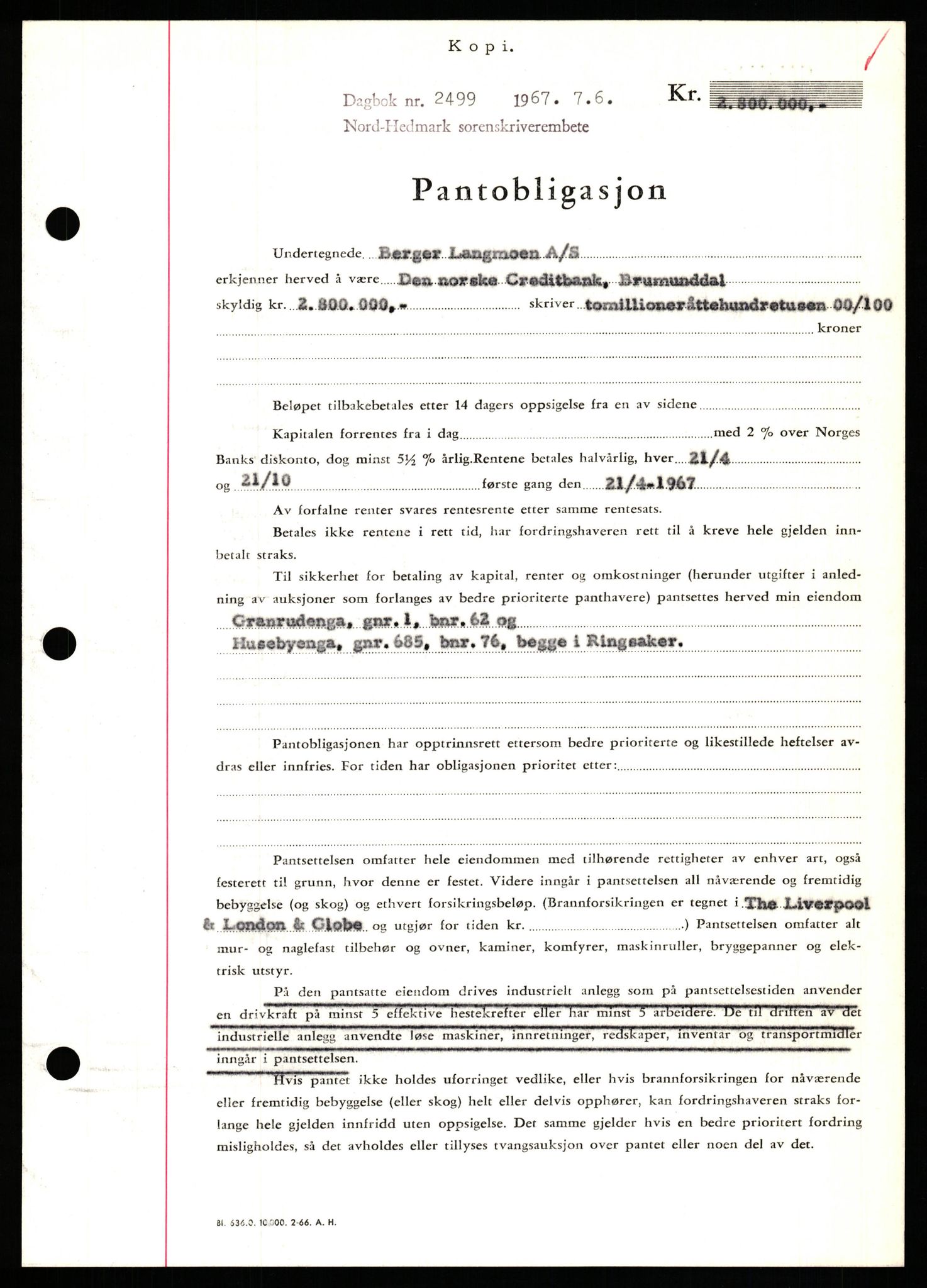 Nord-Hedmark sorenskriveri, SAH/TING-012/H/Hb/Hbf/L0071: Mortgage book no. B71, 1967-1967, Diary no: : 2499/1967