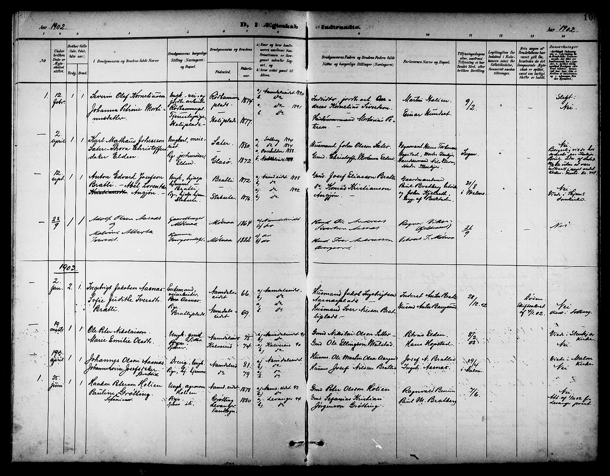 Ministerialprotokoller, klokkerbøker og fødselsregistre - Nord-Trøndelag, AV/SAT-A-1458/742/L0412: Parish register (copy) no. 742C03, 1898-1910, p. 108