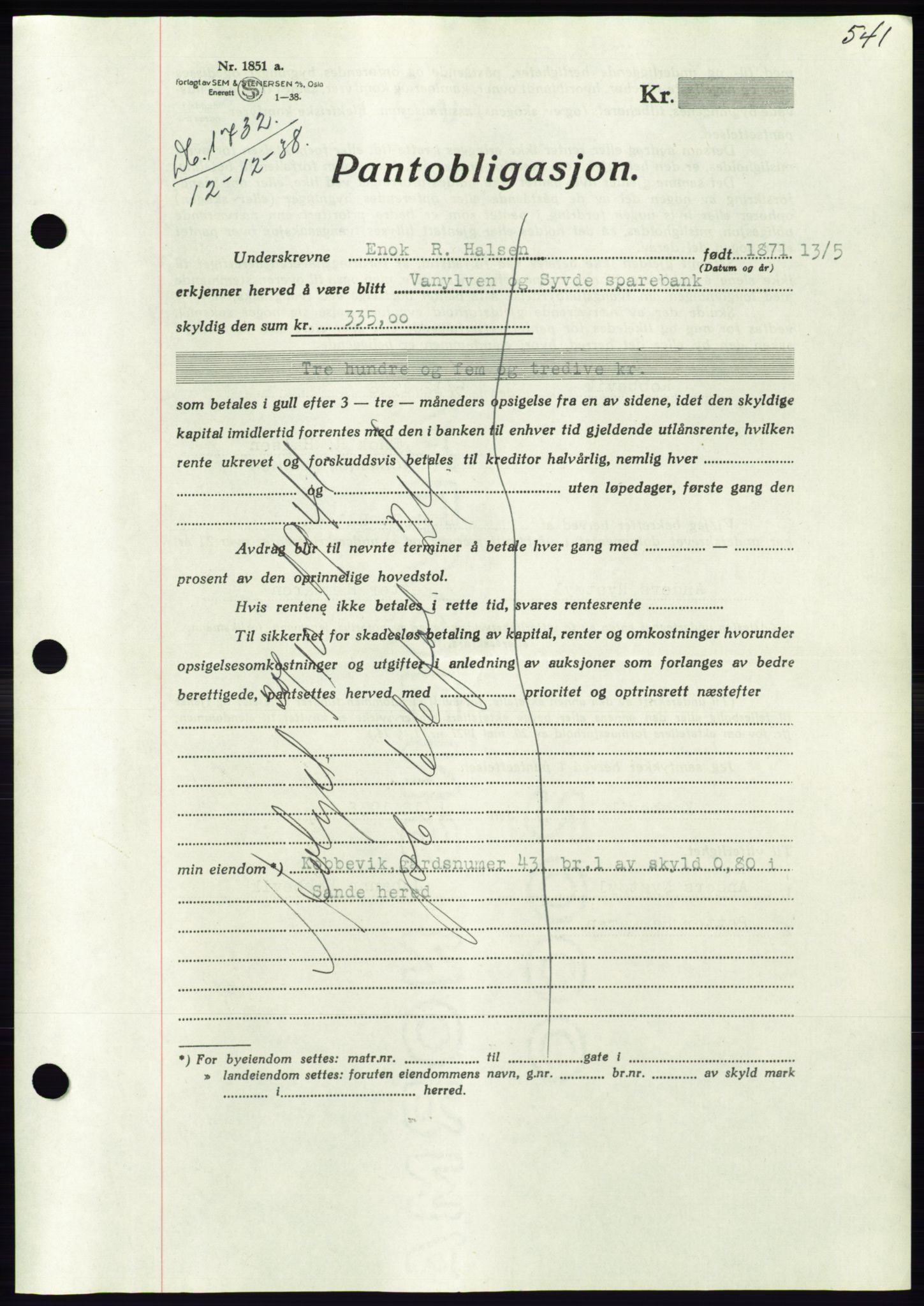 Søre Sunnmøre sorenskriveri, AV/SAT-A-4122/1/2/2C/L0066: Mortgage book no. 60, 1938-1938, Diary no: : 1732/1938