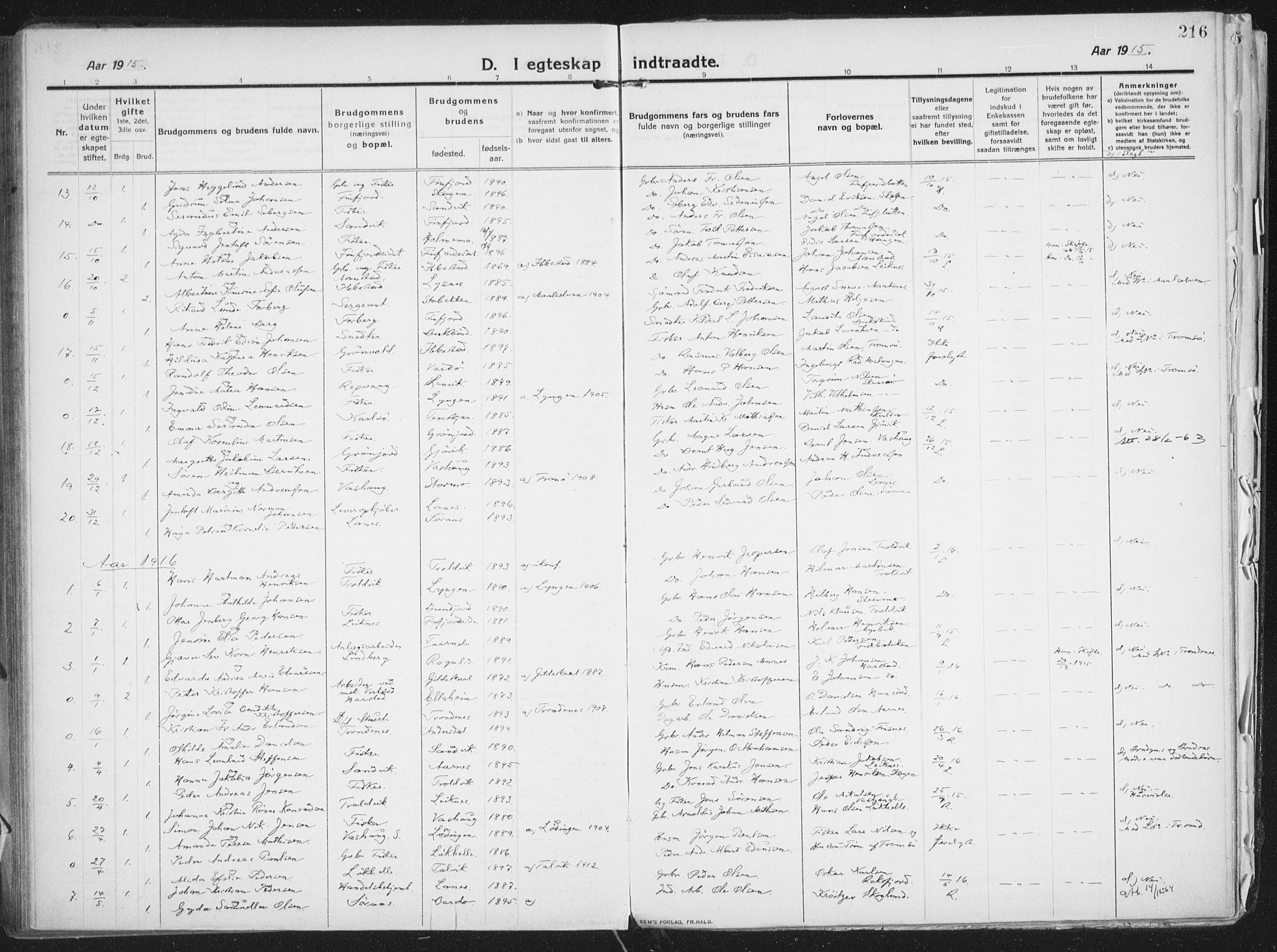 Lenvik sokneprestembete, SATØ/S-1310/H/Ha/Haa/L0016kirke: Parish register (official) no. 16, 1910-1924, p. 216