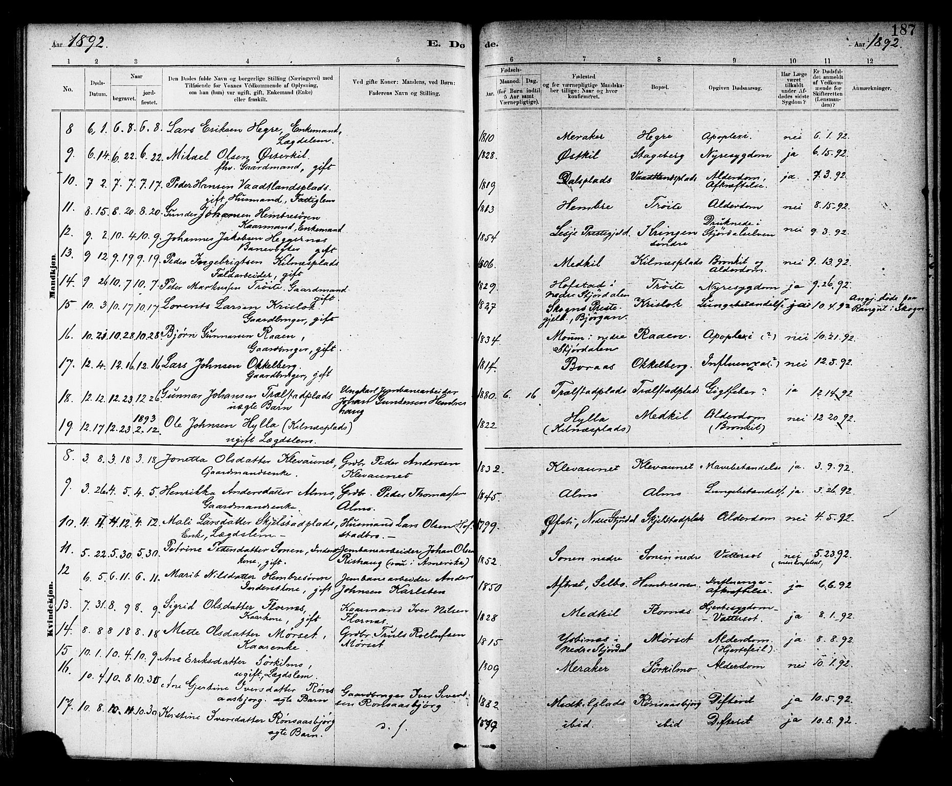 Ministerialprotokoller, klokkerbøker og fødselsregistre - Nord-Trøndelag, SAT/A-1458/703/L0030: Parish register (official) no. 703A03, 1880-1892, p. 187