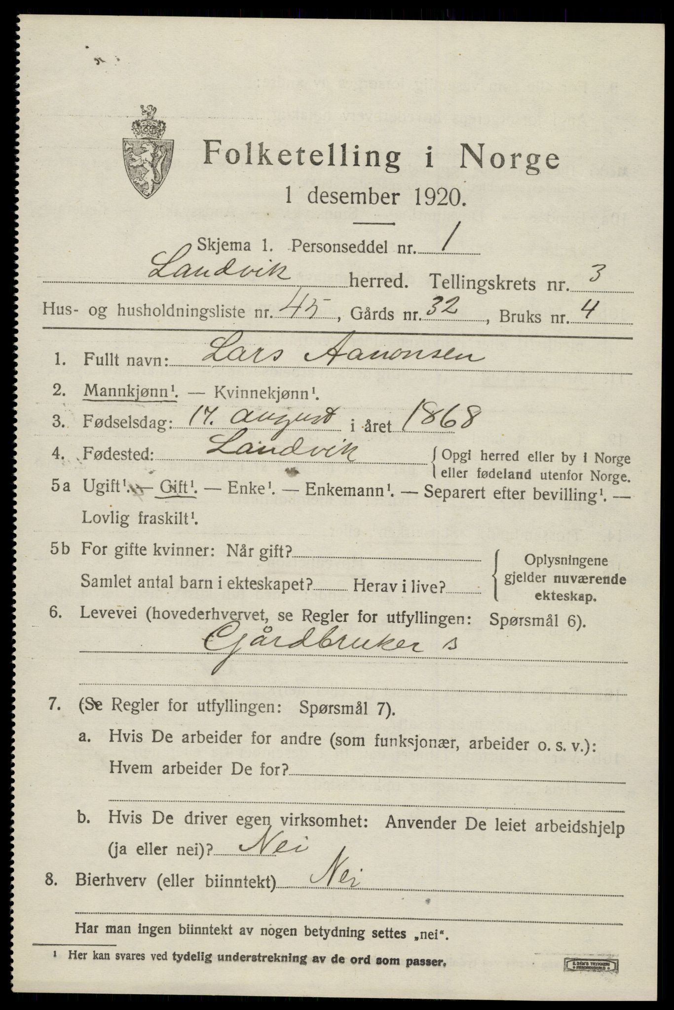 SAK, 1920 census for Landvik, 1920, p. 3330