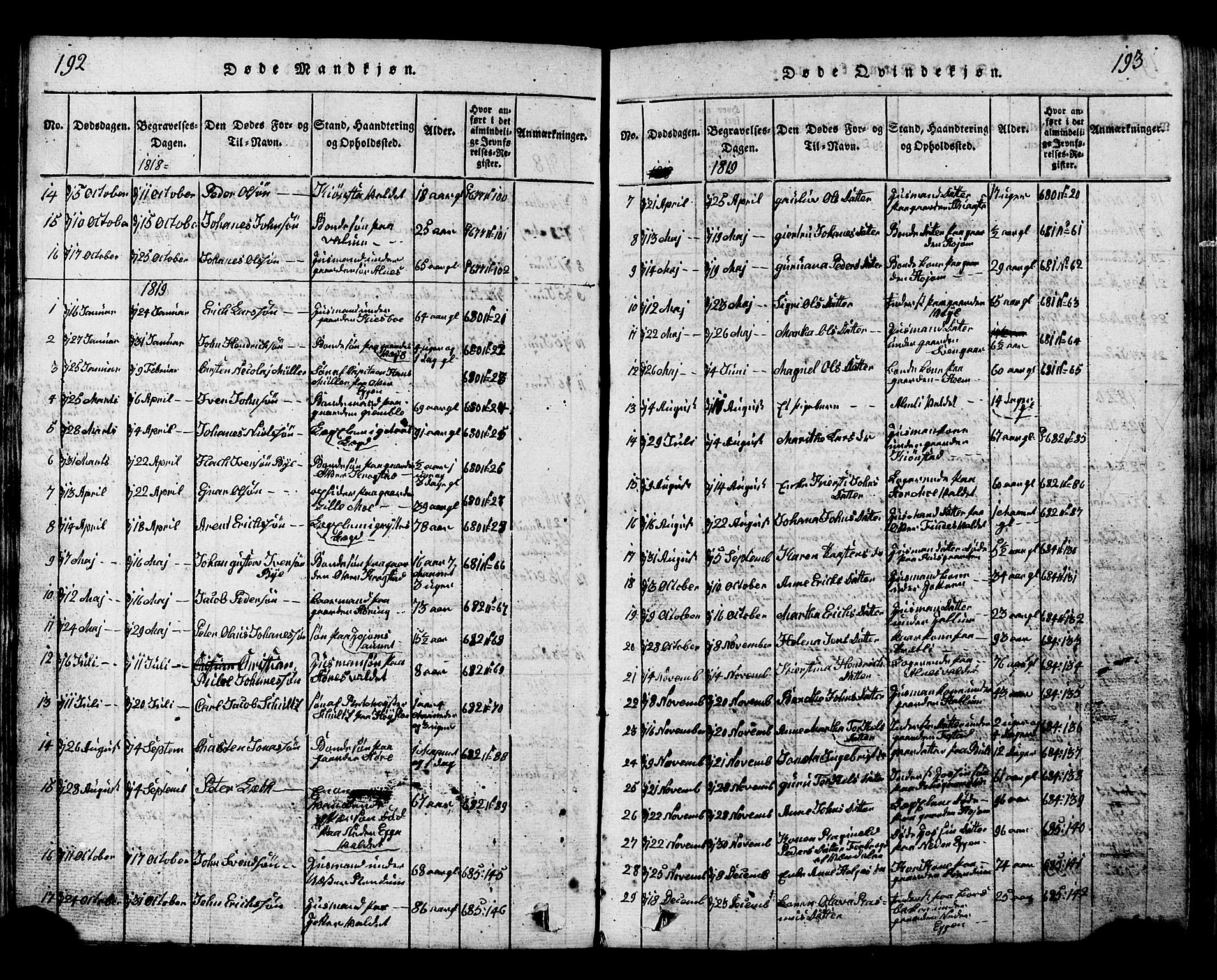 Ministerialprotokoller, klokkerbøker og fødselsregistre - Nord-Trøndelag, SAT/A-1458/717/L0169: Parish register (copy) no. 717C01, 1816-1834, p. 192-193