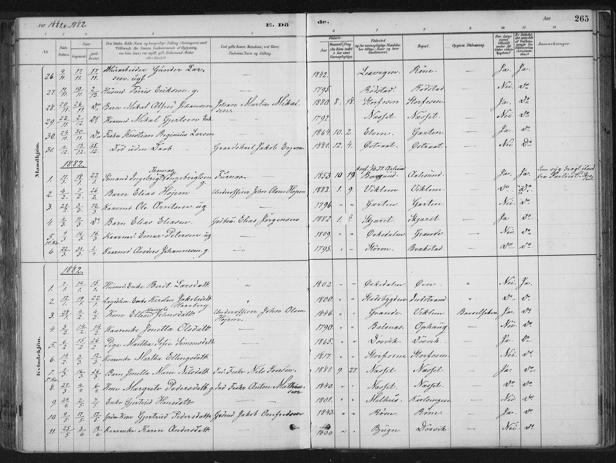 Ministerialprotokoller, klokkerbøker og fødselsregistre - Sør-Trøndelag, AV/SAT-A-1456/659/L0739: Parish register (official) no. 659A09, 1879-1893, p. 265
