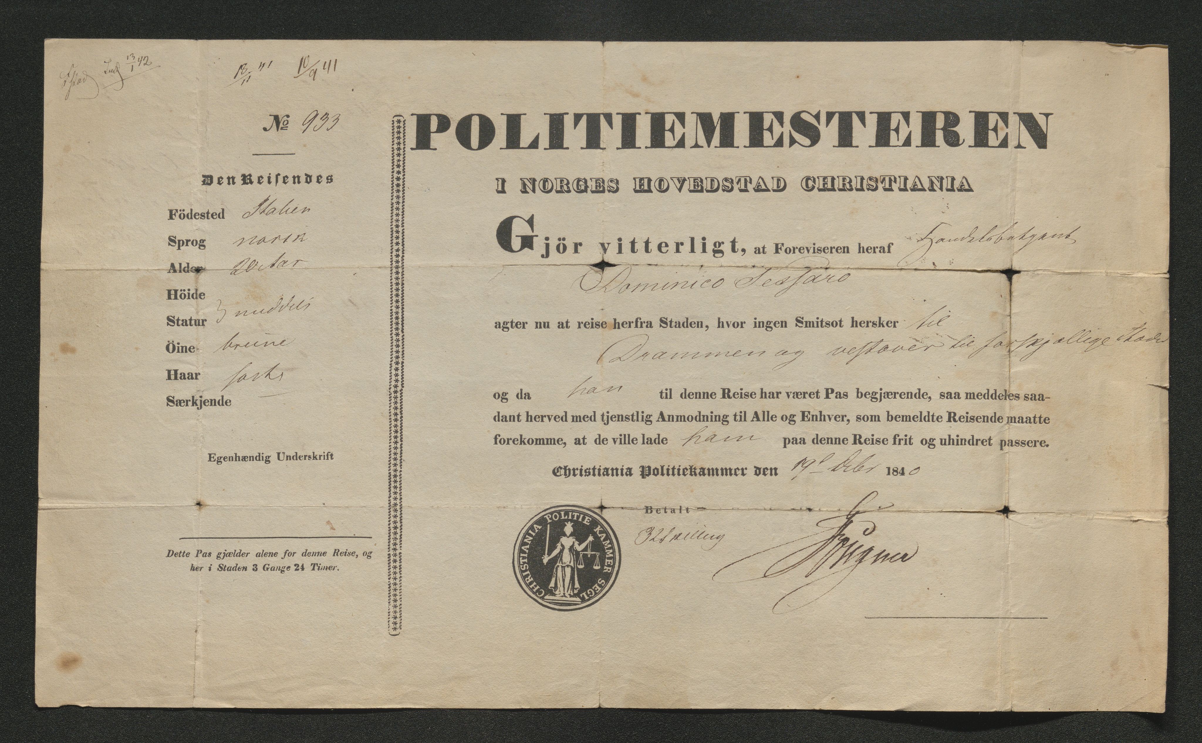 Drammen politikammer, AV/SAKO-A-623/I/Ia/Iab/L0006: Innleverte pass, 1841-1842, p. 356