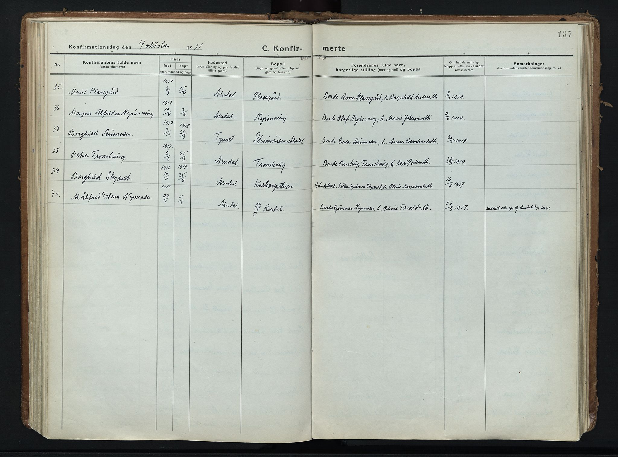 Alvdal prestekontor, AV/SAH-PREST-060/H/Ha/Haa/L0006: Parish register (official) no. 6, 1920-1937, p. 137