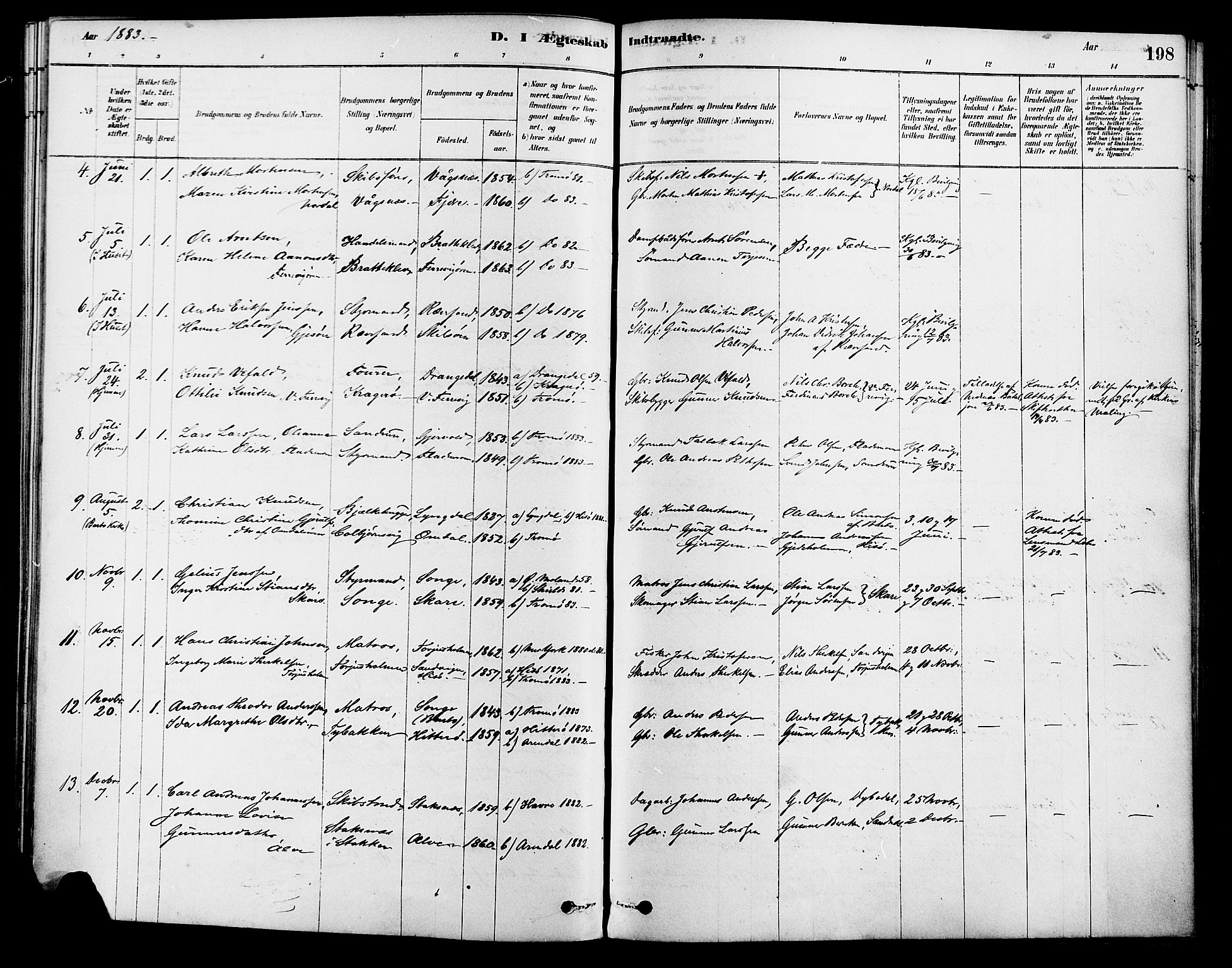 Tromøy sokneprestkontor, AV/SAK-1111-0041/F/Fa/L0009: Parish register (official) no. A 9, 1878-1896, p. 198